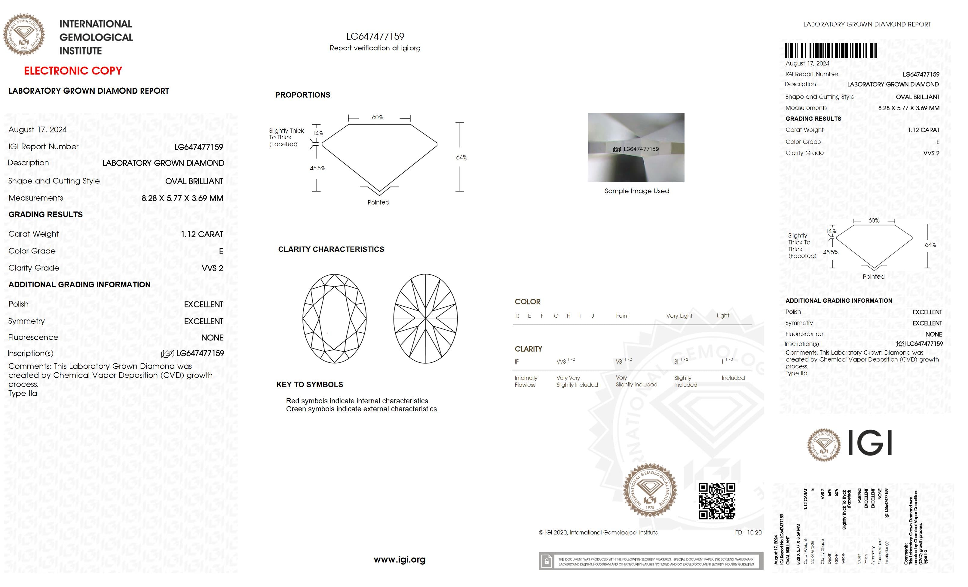 1.12 Ct. Oval Wholesale IGI Certified Lab Grown Loose Diamond. (VVS2 / E)