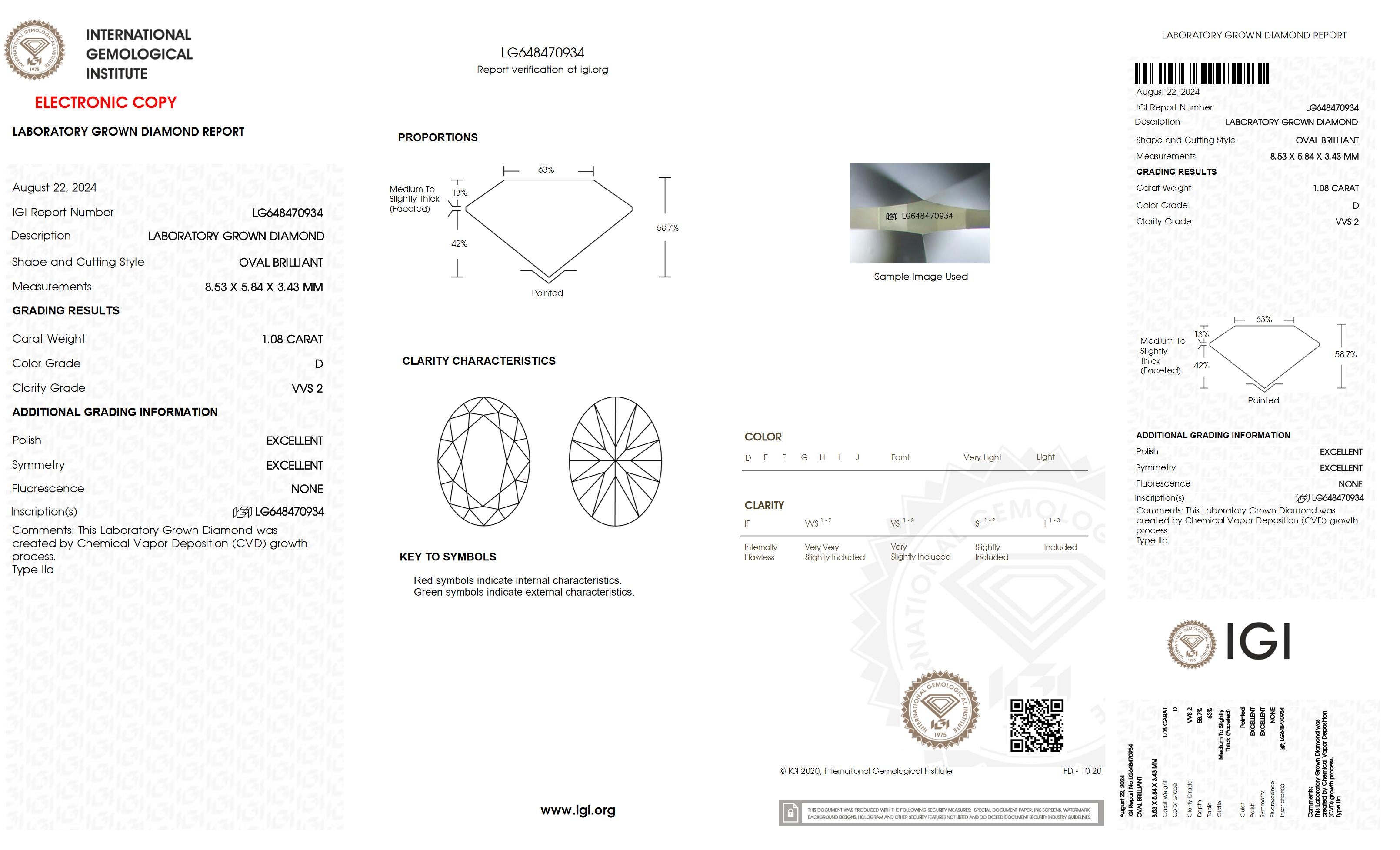 1.08 Ct. Oval Wholesale IGI Certified Lab Grown Loose Diamond. (VVS2 / D)