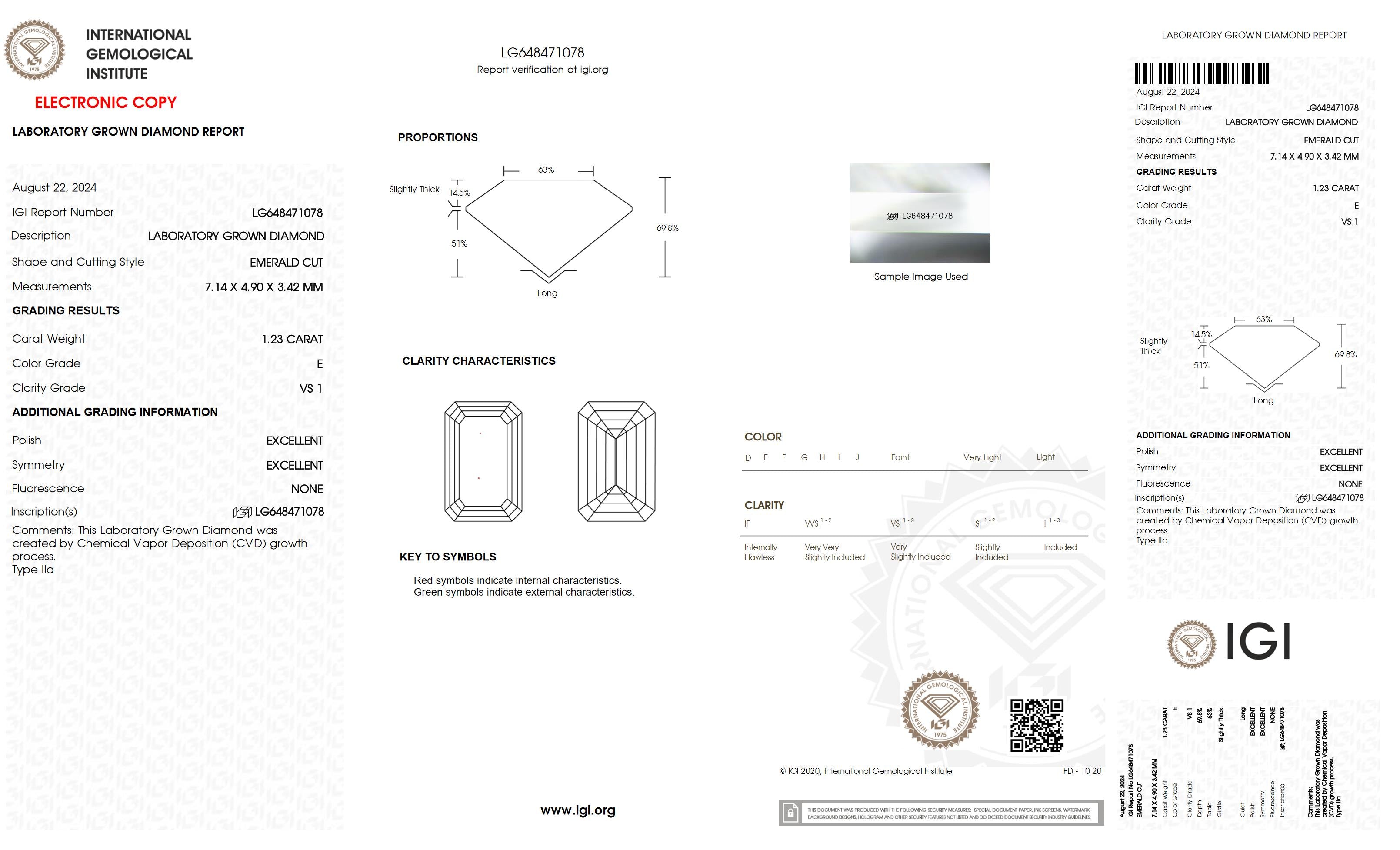 1.23 Ct. Emerald Wholesale IGI Certified Lab Grown Loose Diamond. (VS1 / E)