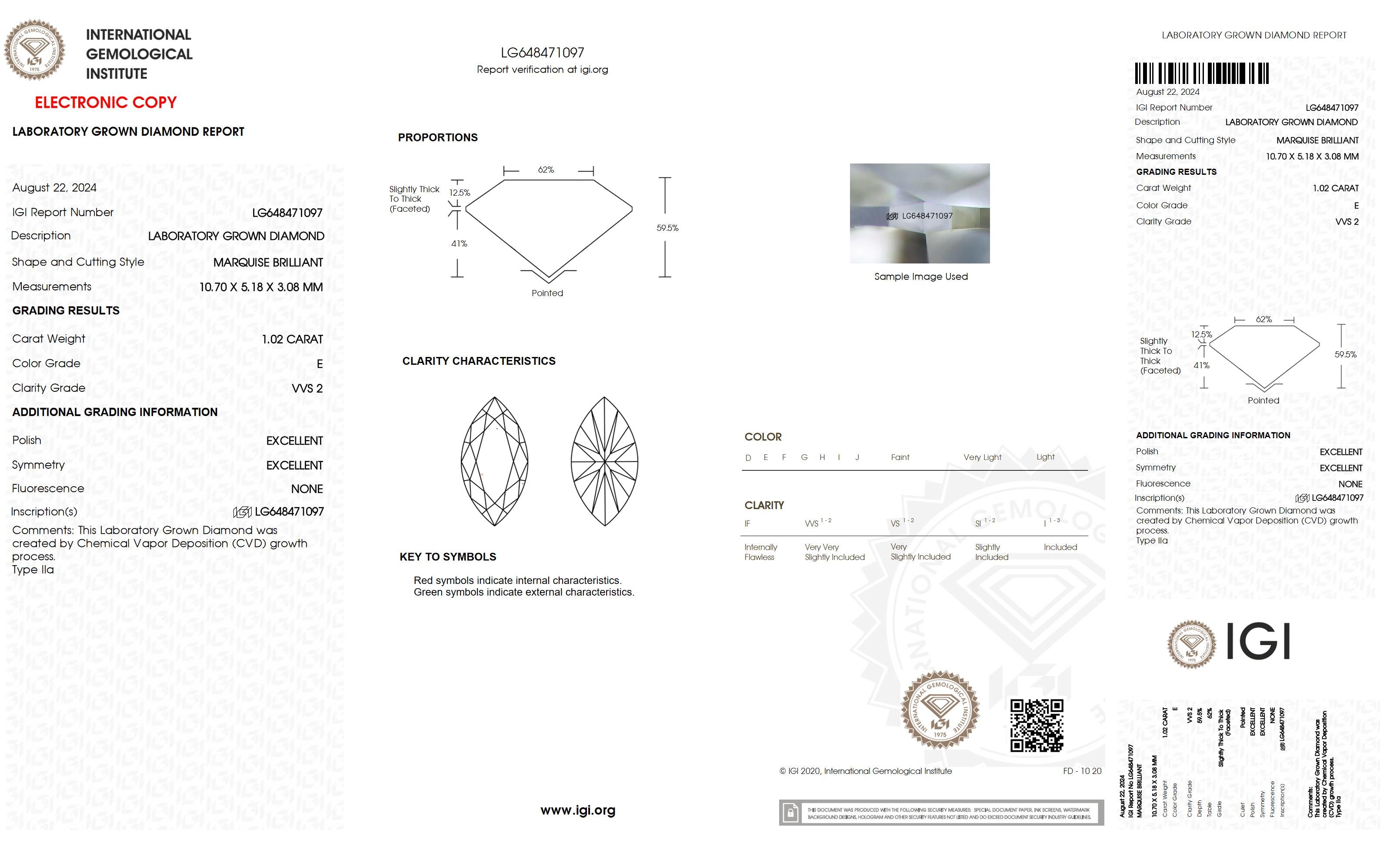 1.02 Ct. Marquise Wholesale IGI Certified Lab Grown Loose Diamond. (VVS2 / E)