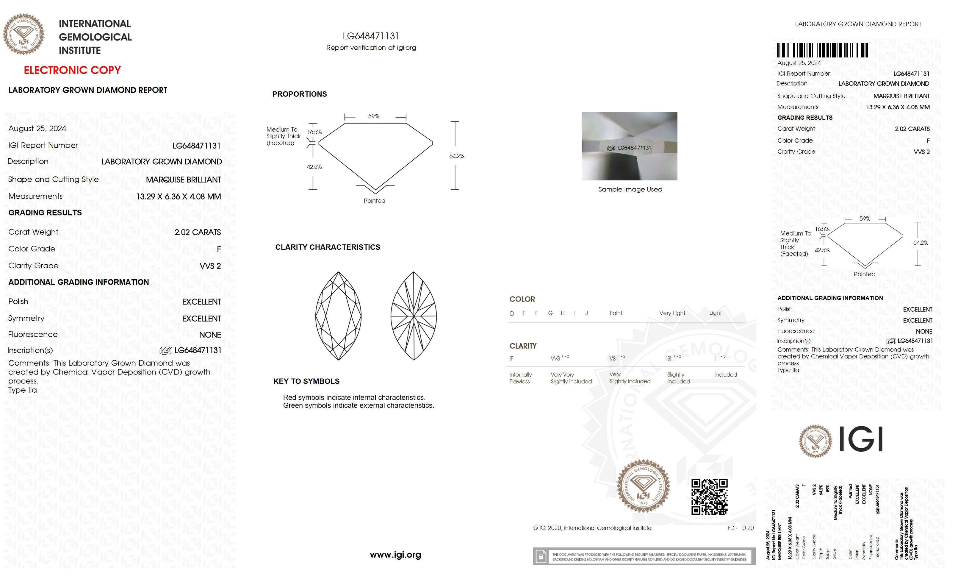 2.02 Ct. Marquise Wholesale IGI Certified Lab Grown Loose Diamond. (VVS2 / F)