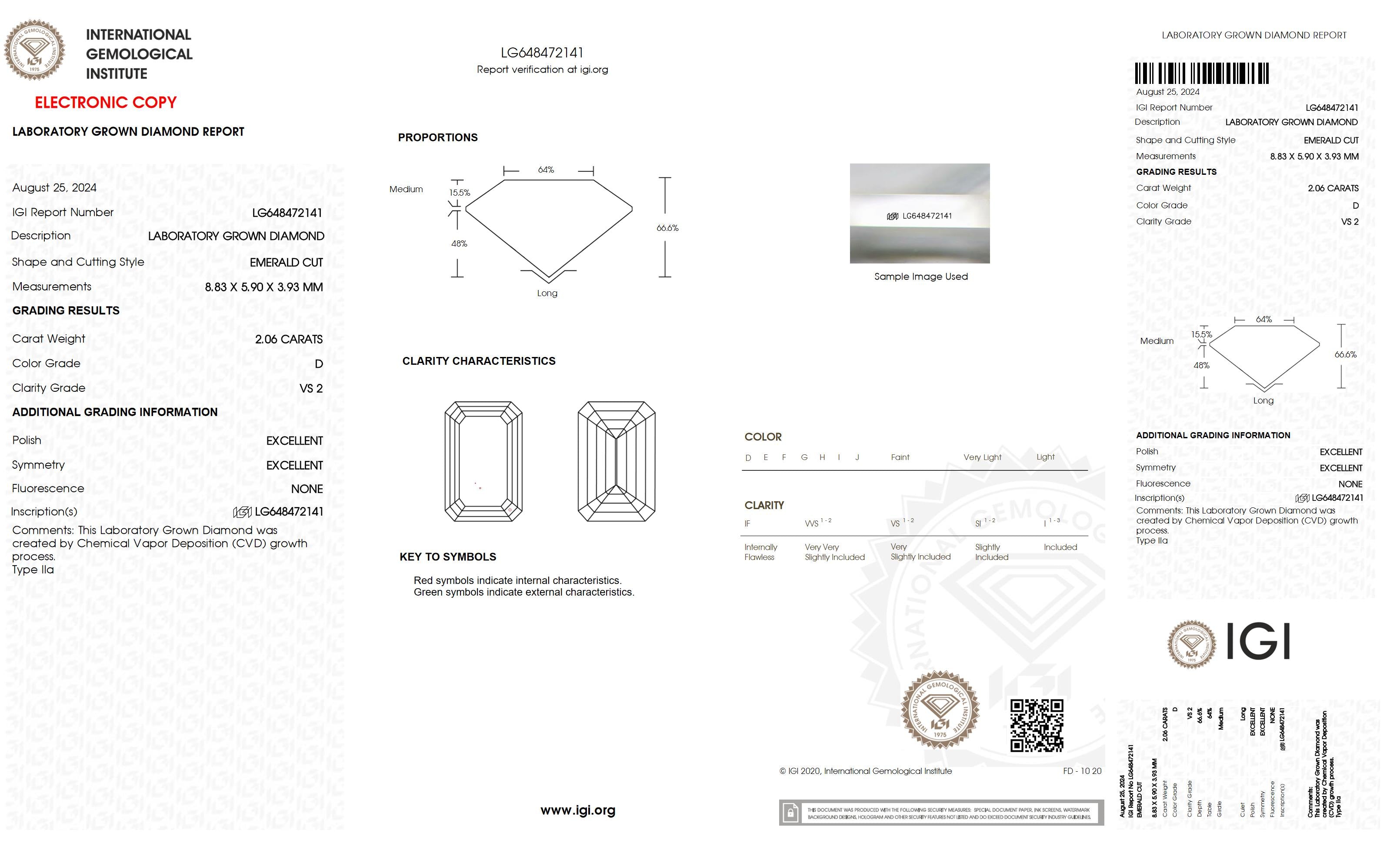 2.06 Ct. Emerald Wholesale IGI Certified Lab Grown Loose Diamond. (VS2 / D)