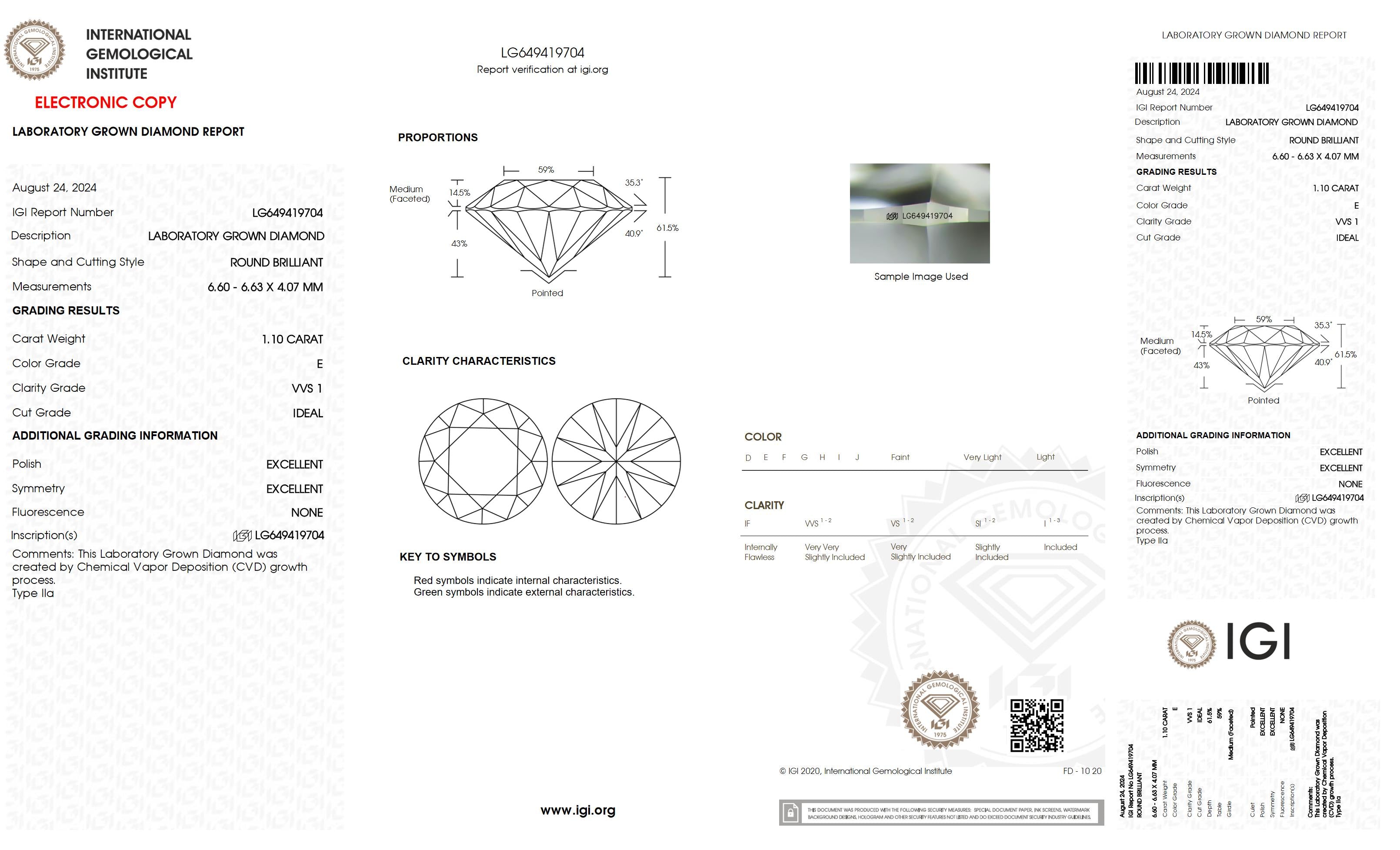 1.1 Ct. Round Wholesale IGI Certified Lab Grown Loose Diamond. (VVS1 / E)