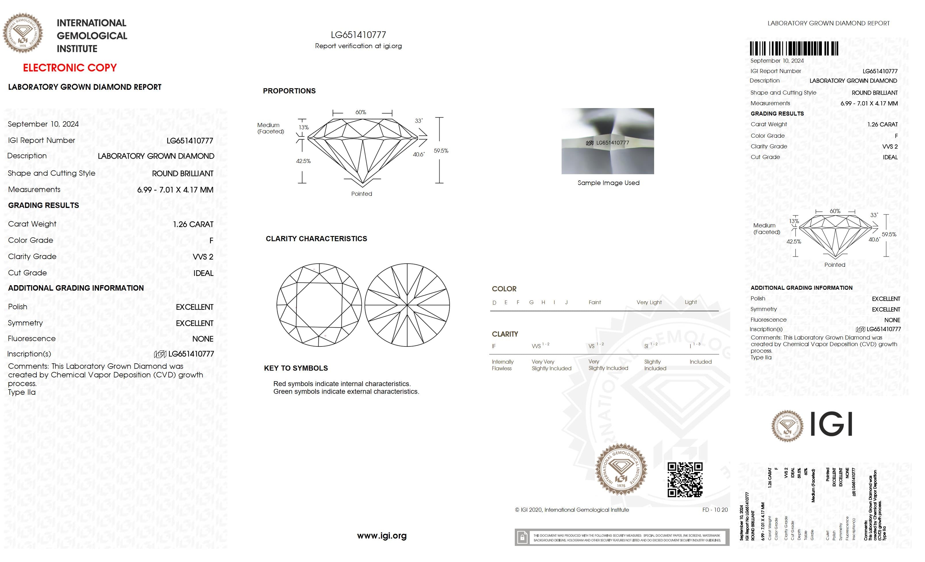 1.26 Ct. Round Wholesale IGI Certified Lab Grown Loose Diamond. (VVS2 / F)