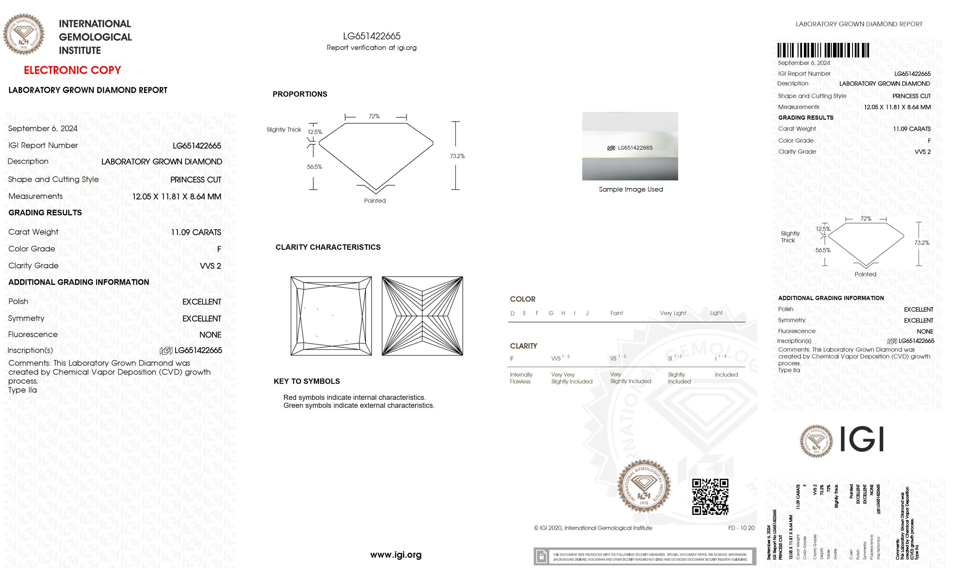 11.09 Ct. Princess Wholesale IGI Certified Lab Grown Loose Diamond. (VVS2 / F)