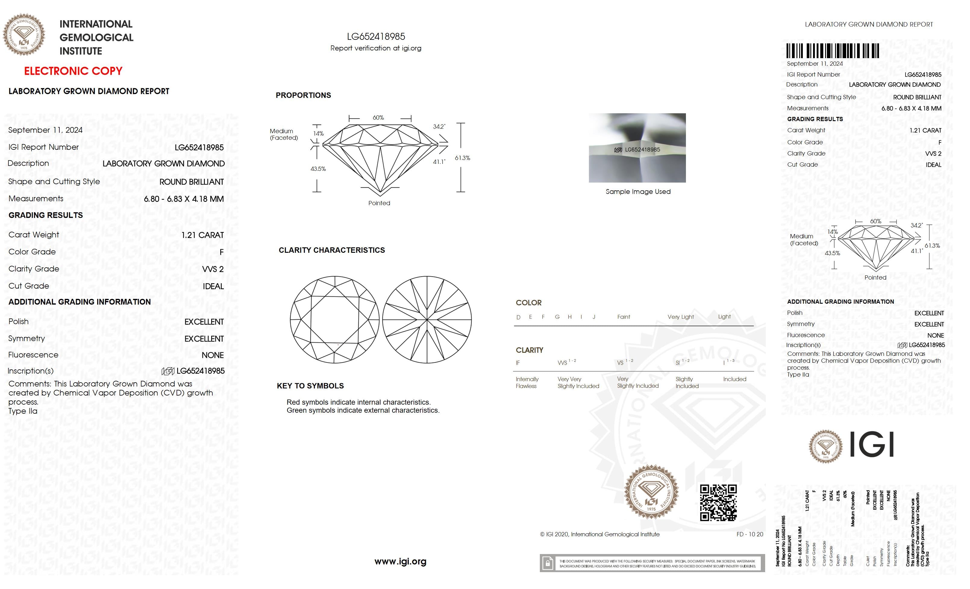 1.21 Ct. Round Wholesale IGI Certified Lab Grown Loose Diamond. (VVS2 / F)