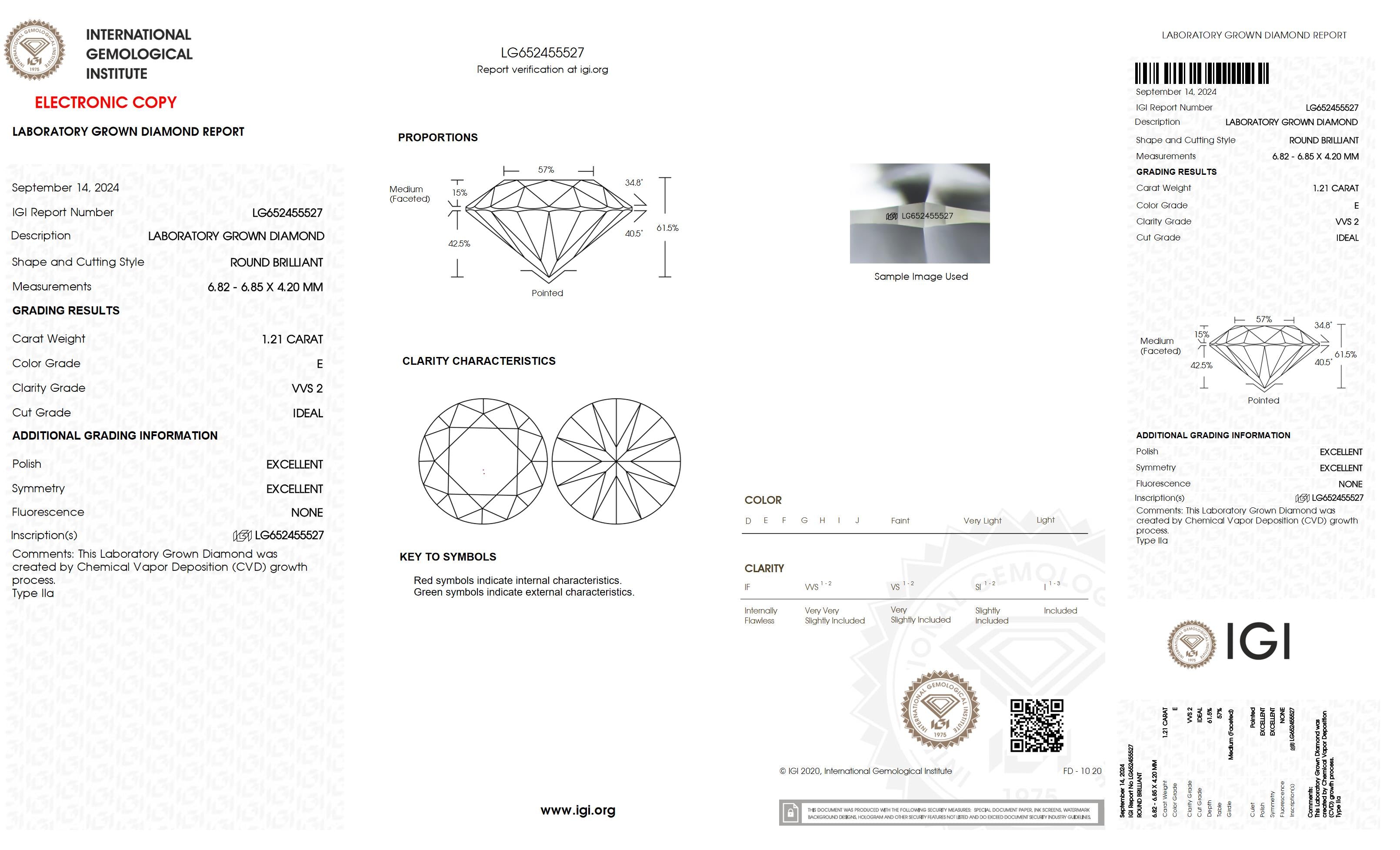 1.21 Ct. Round Wholesale IGI Certified Lab Grown Loose Diamond. (VVS2 / E)