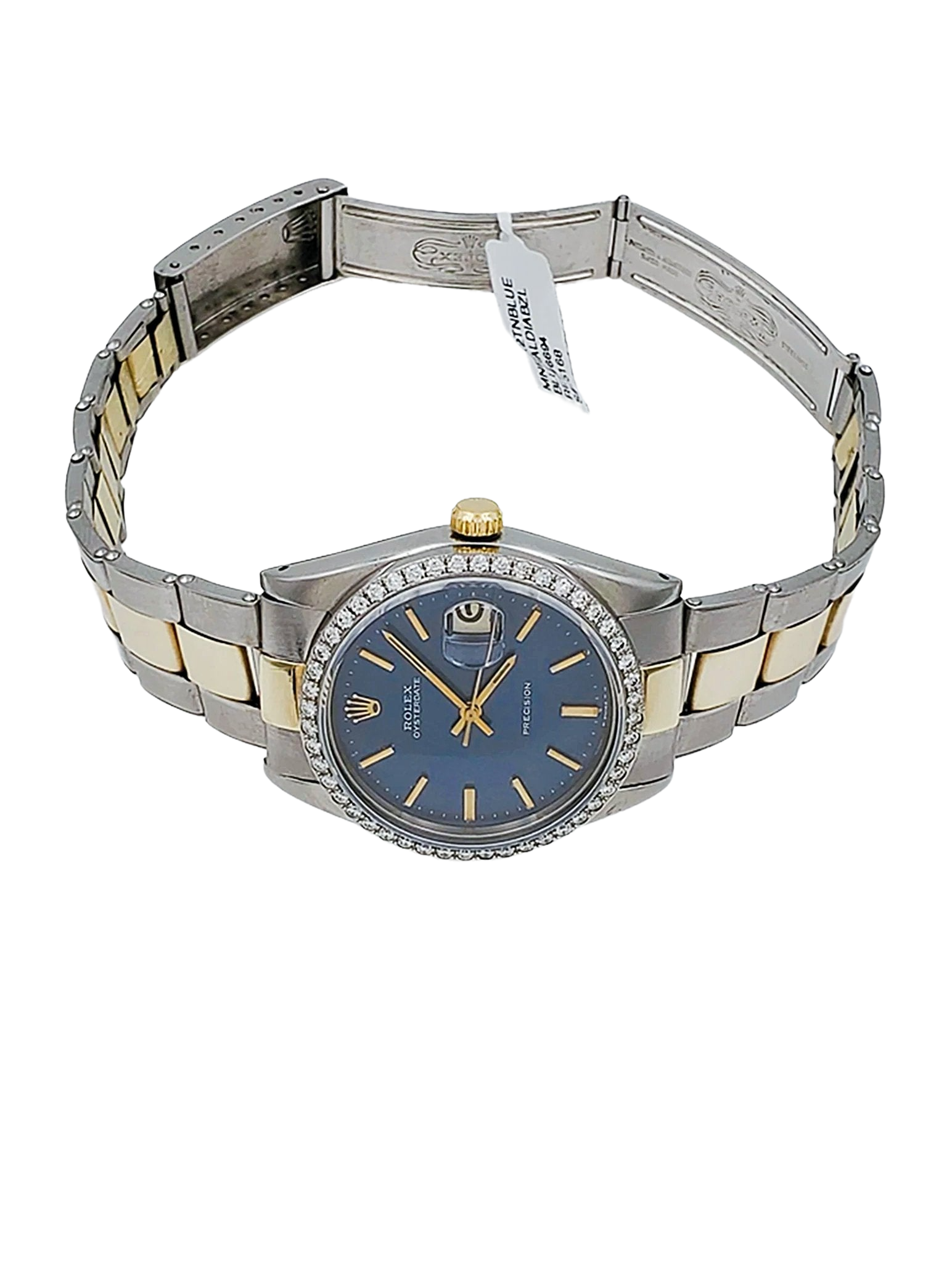 Unisex Rolex OysterDate 34mm Two Tone 14K Yellow Gold / Stainless Steel Wristwatch w/ Blue Dial & Custom Diamond Bezel. (Pre-Owned 6694)