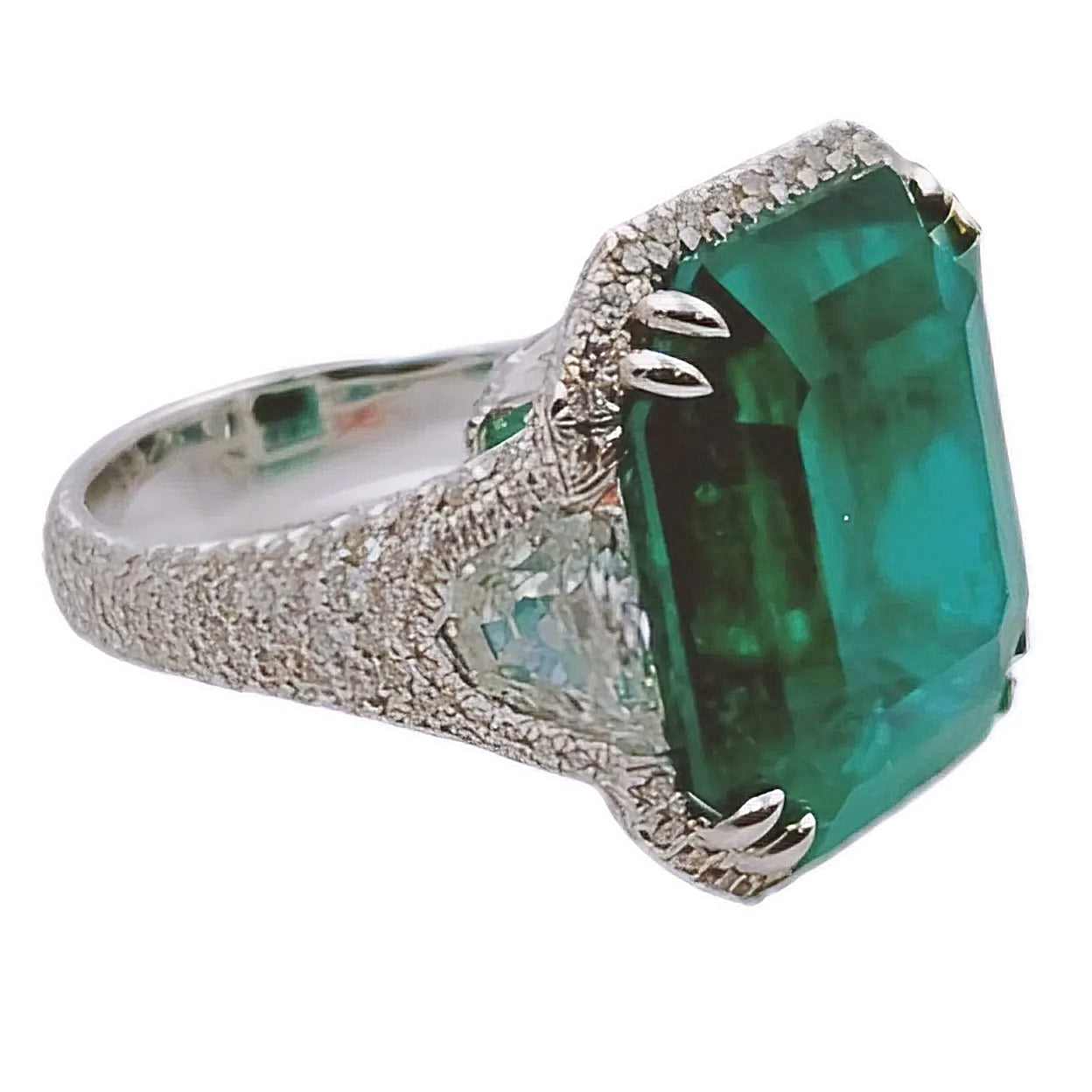 16.81 Carat GIA Certified Colombian Emerald 18K White Gold Ring with VS / F Side Stone.