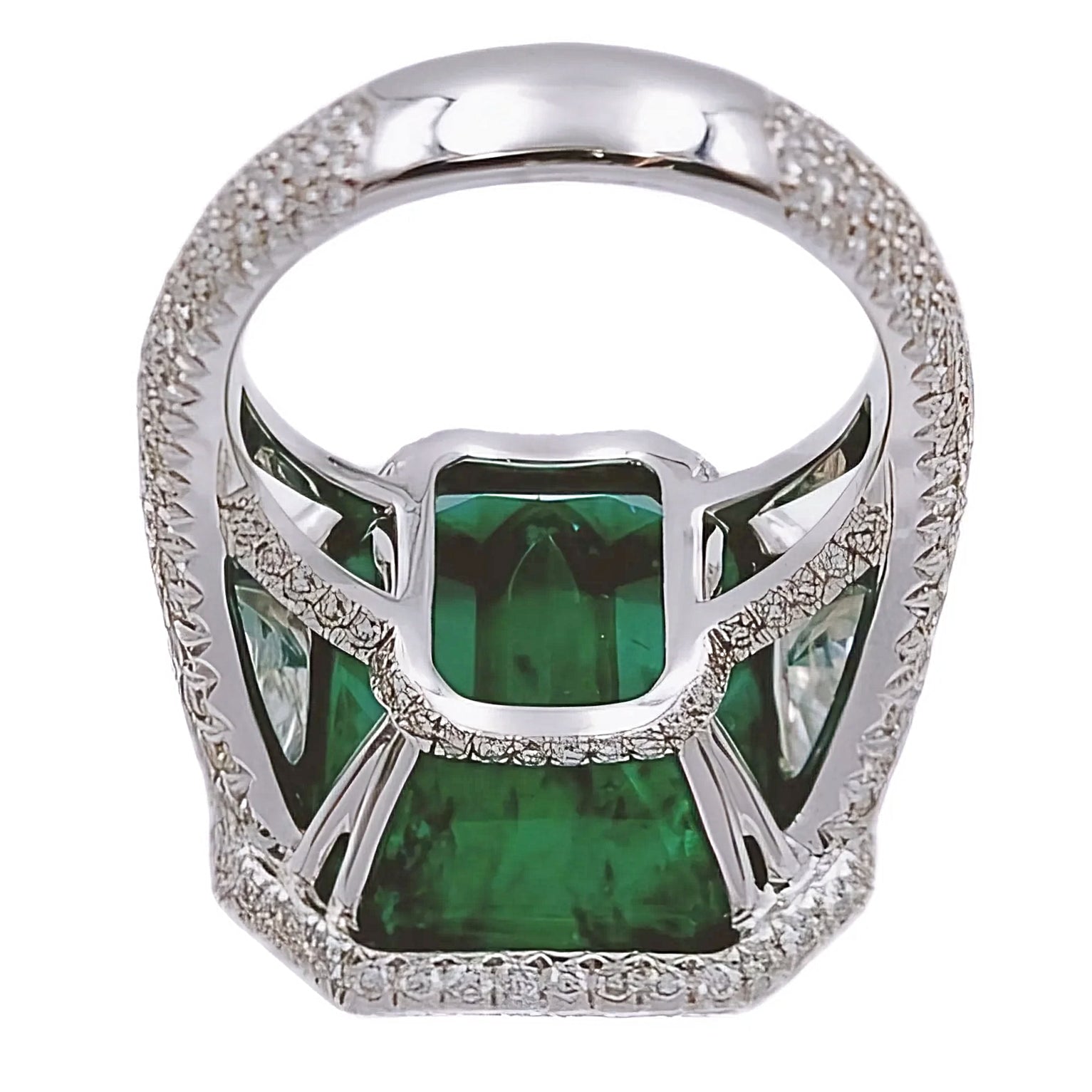 16.81 Carat GIA Certified Colombian Emerald 18K White Gold Ring with VS / F Side Stone.