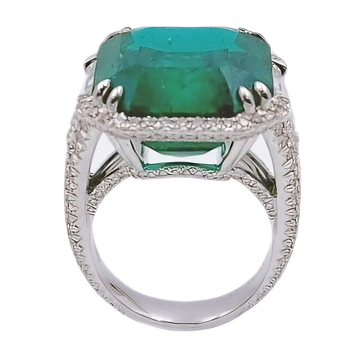 16.81 Carat GIA Certified Colombian Emerald 18K White Gold Ring with VS / F Side Stone.