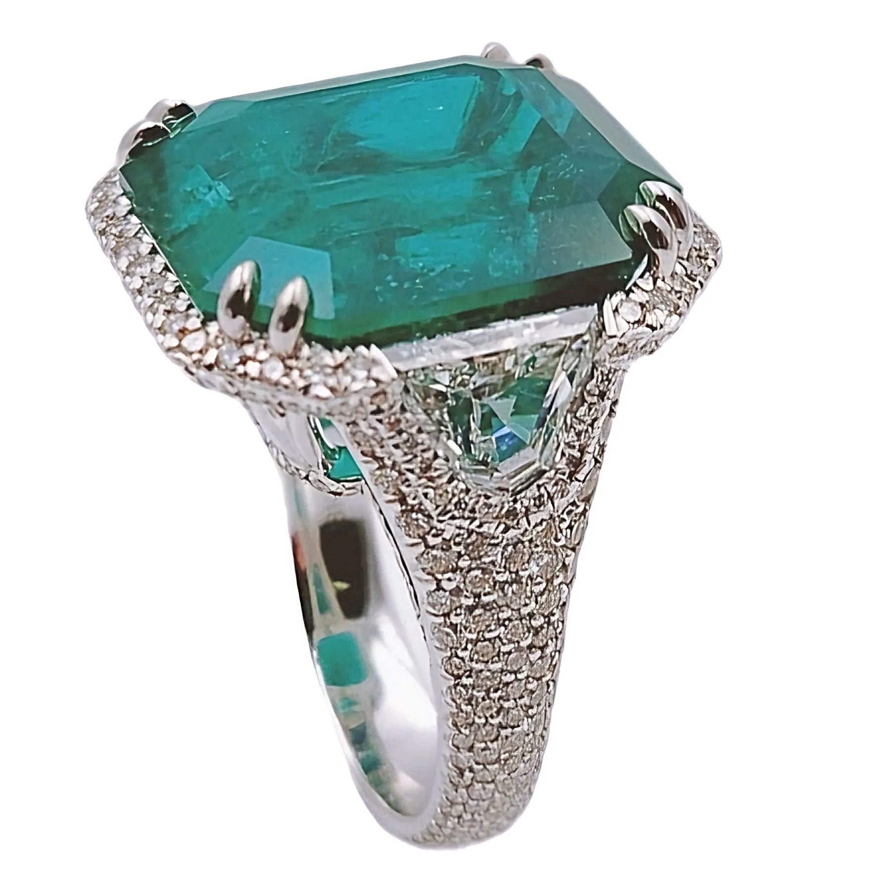 16.81 Carat GIA Certified Colombian Emerald 18K White Gold Ring with VS / F Side Stone.