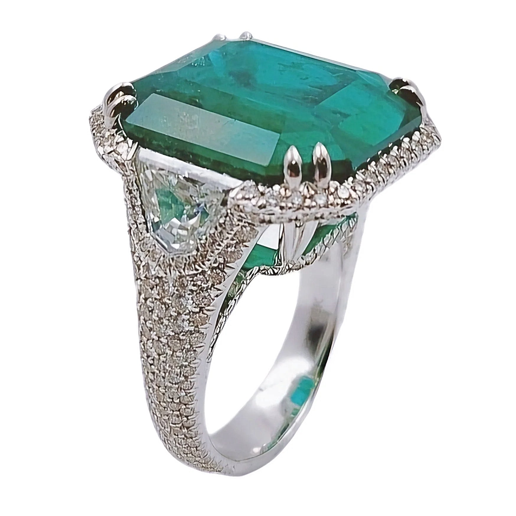 16.81 Carat GIA Certified Colombian Emerald 18K White Gold Ring with VS / F Side Stone.