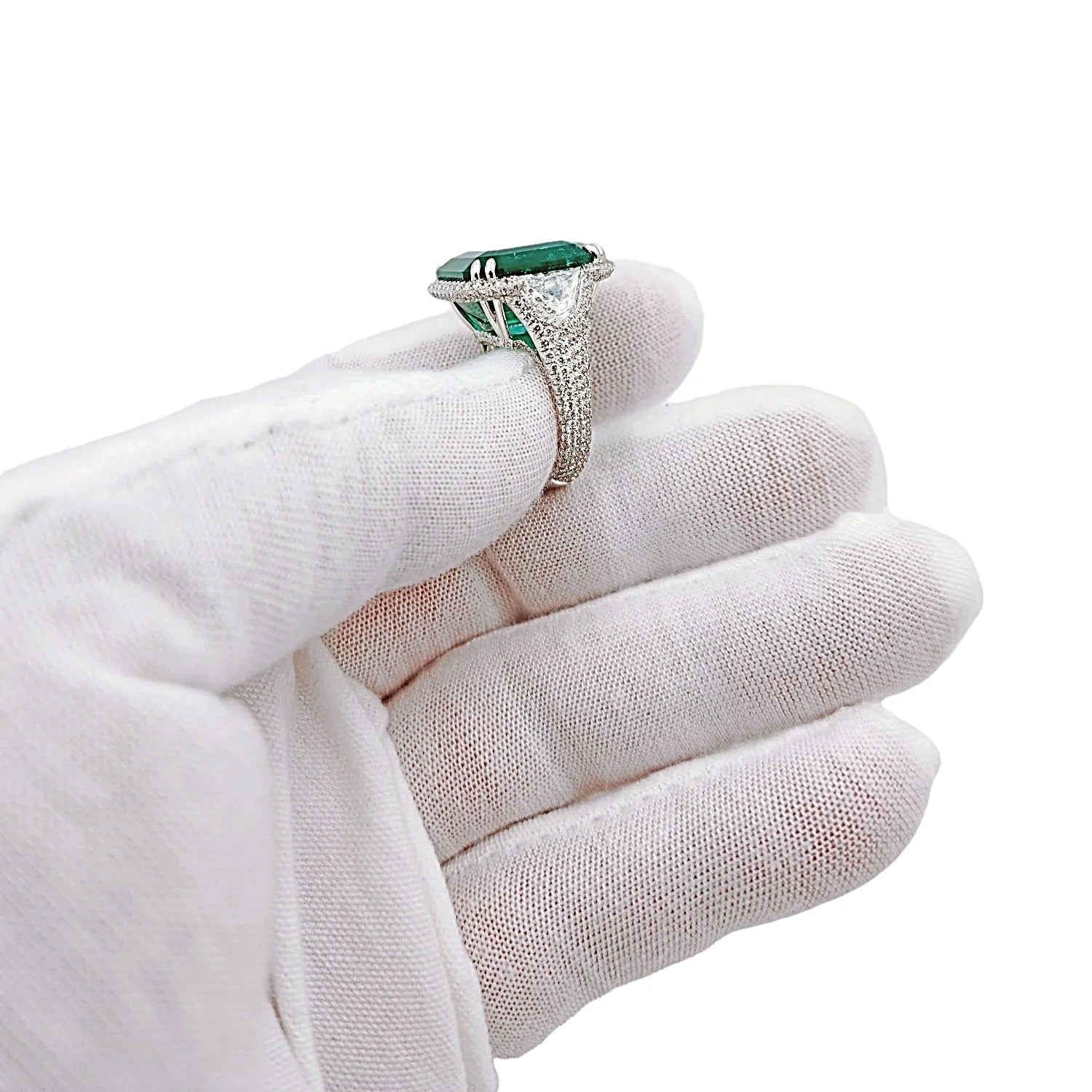 16.81 Carat GIA Certified Colombian Emerald 18K White Gold Ring with VS / F Side Stone.