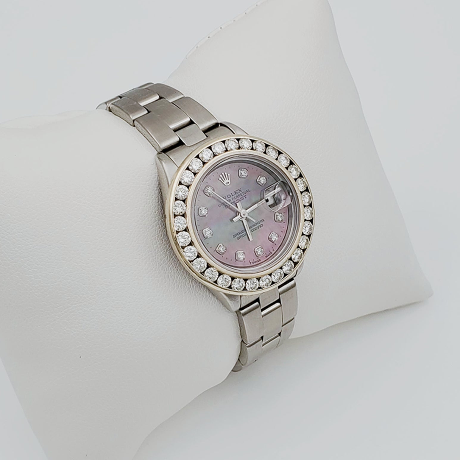 Ladies Rolex 26mm DateJust Stainless Steel Wristwatch w/ Mother of Pearl Black Diamond Dial & Custom Diamond Bezel. (Pre-Owned)