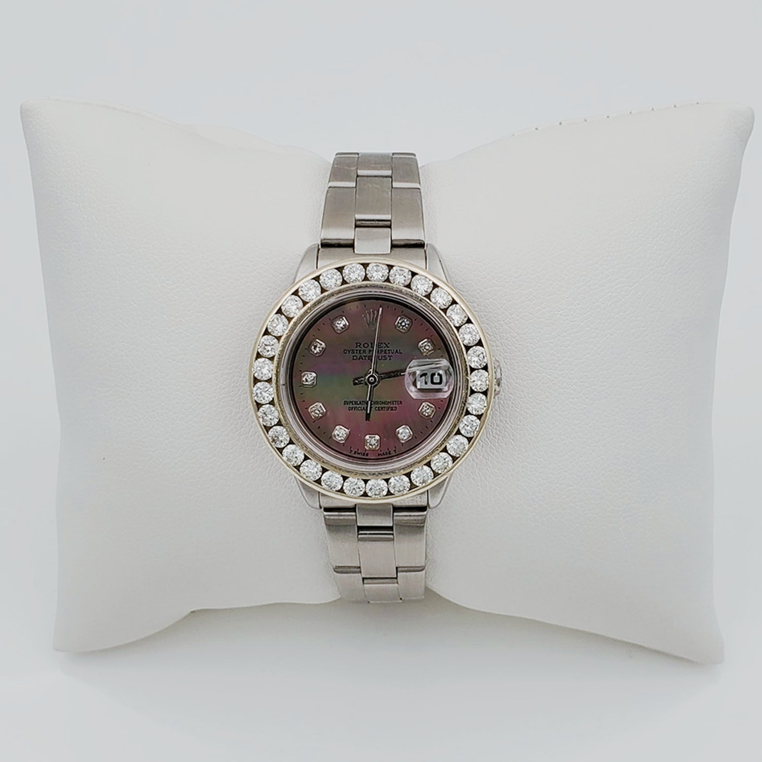 Ladies Rolex 26mm DateJust Stainless Steel Wristwatch w/ Mother of Pearl Black Diamond Dial & Custom Diamond Bezel. (Pre-Owned)