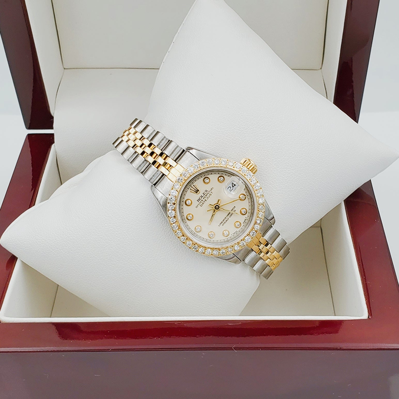 Ladies Rolex 26mm DateJust 18K Gold / Two Tone Stainless Steel Wristwatch w/ Beige Diamond Dial & Diamond Bezel. (Pre-Owned)