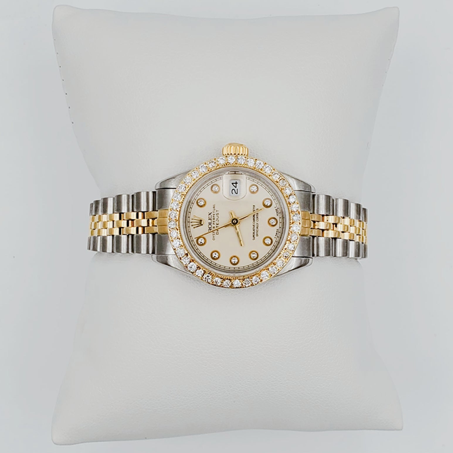 Ladies Rolex 26mm DateJust 18K Gold / Two Tone Stainless Steel Wristwatch w/ Beige Diamond Dial & Diamond Bezel. (Pre-Owned)