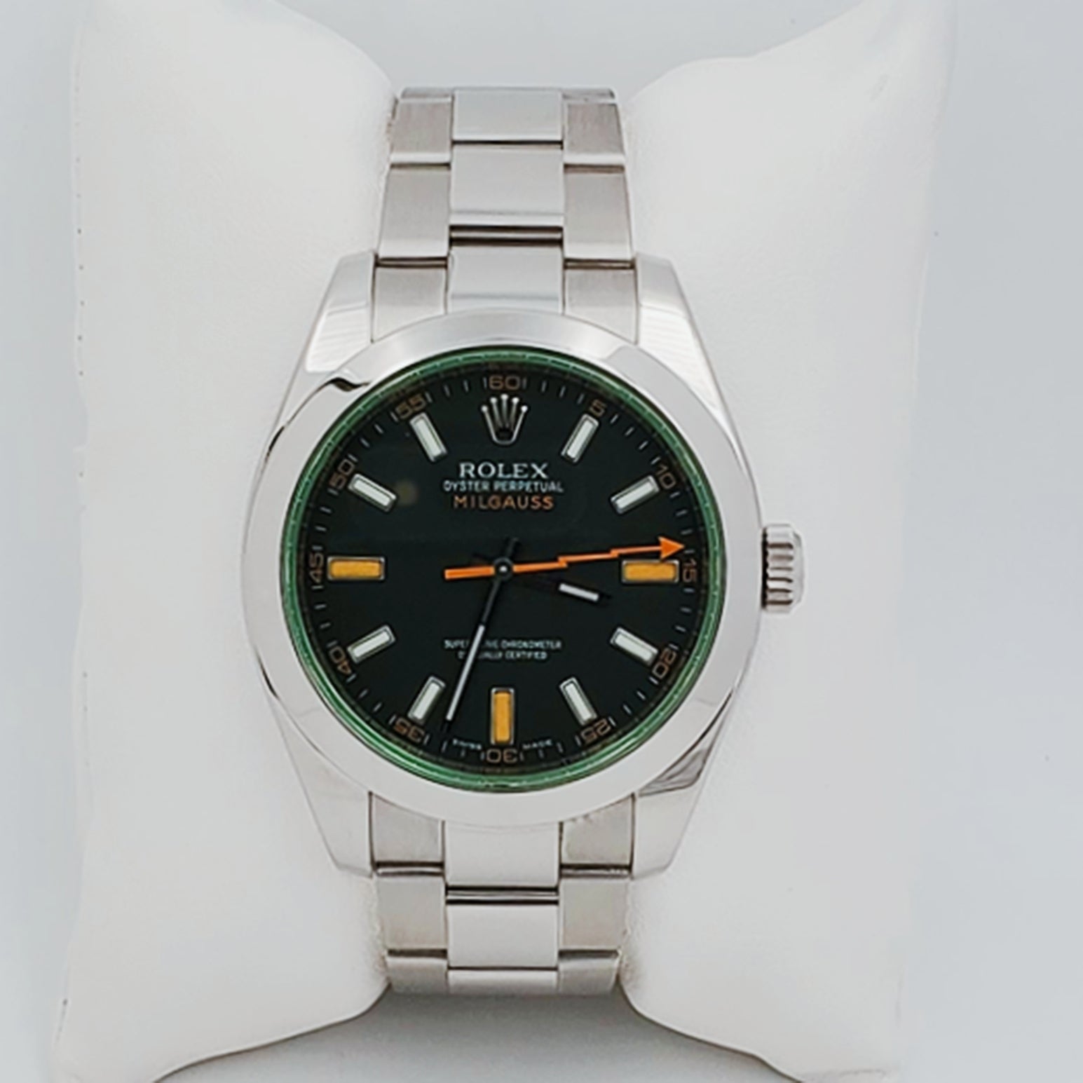 Men's Rolex 40mm Milgauss Oyster Perpetual Stainless Steel Watch with Green Dial and Smooth Bezel. (Pre-Owned 116400GV)