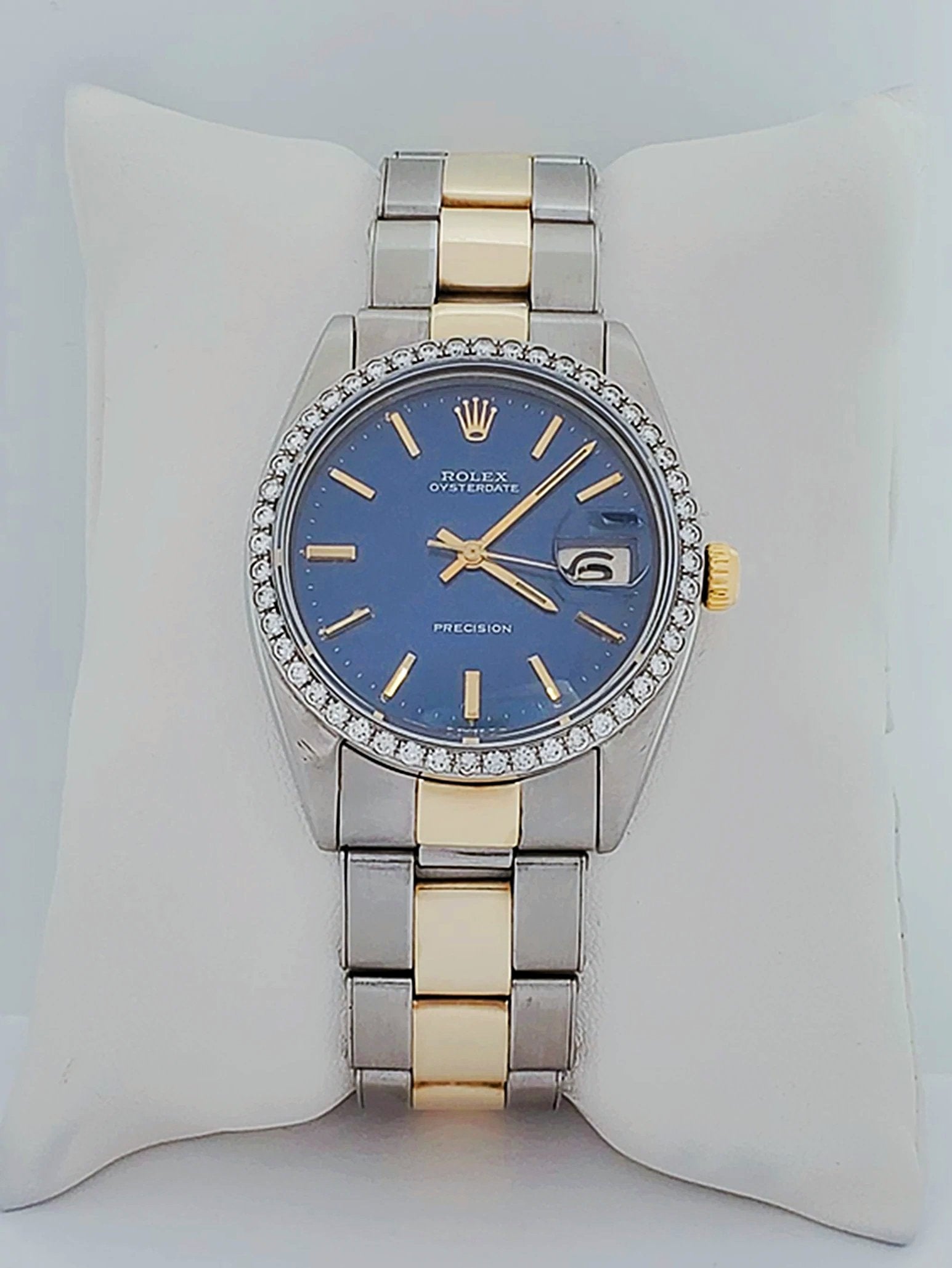 Unisex Rolex OysterDate 34mm Two Tone 14K Yellow Gold / Stainless Steel Wristwatch w/ Blue Dial & Custom Diamond Bezel. (Pre-Owned 6694)