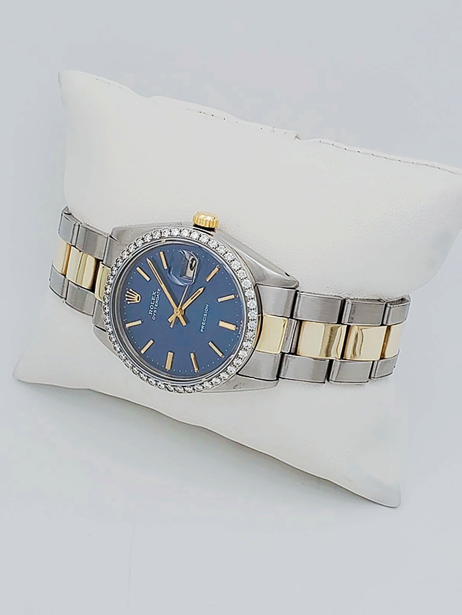 Unisex Rolex OysterDate 34mm Two Tone 14K Yellow Gold / Stainless Steel Wristwatch w/ Blue Dial & Custom Diamond Bezel. (Pre-Owned 6694)