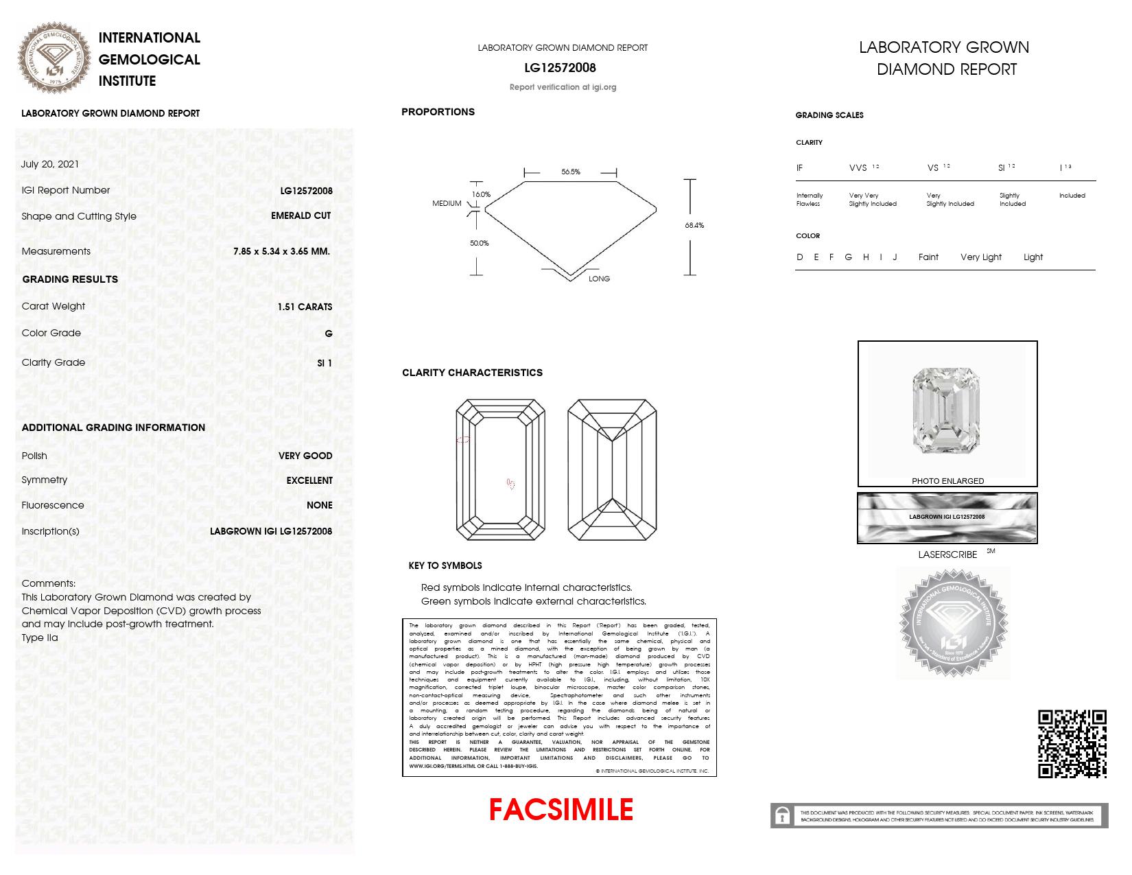 1.51 ct. Emerald Wholesale IGI Certified Lab Grown Loose Diamond. (SI1 / G)