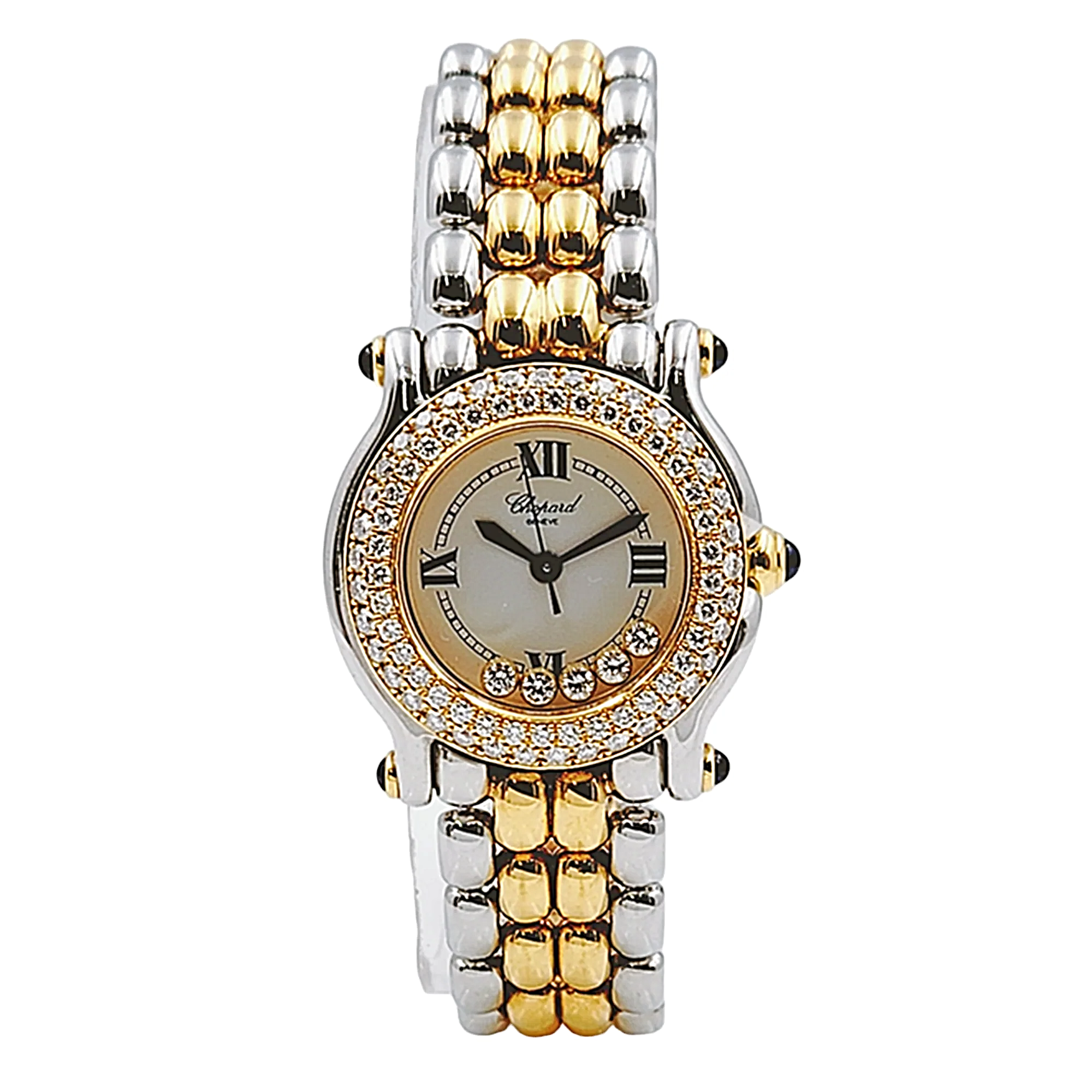Ladies Chopard 26mm Happy Sport Five Diamond 18K Yellow Gold / Stainless Steel Watch with White Dial and Diamond Bezel. 27/8251-23
