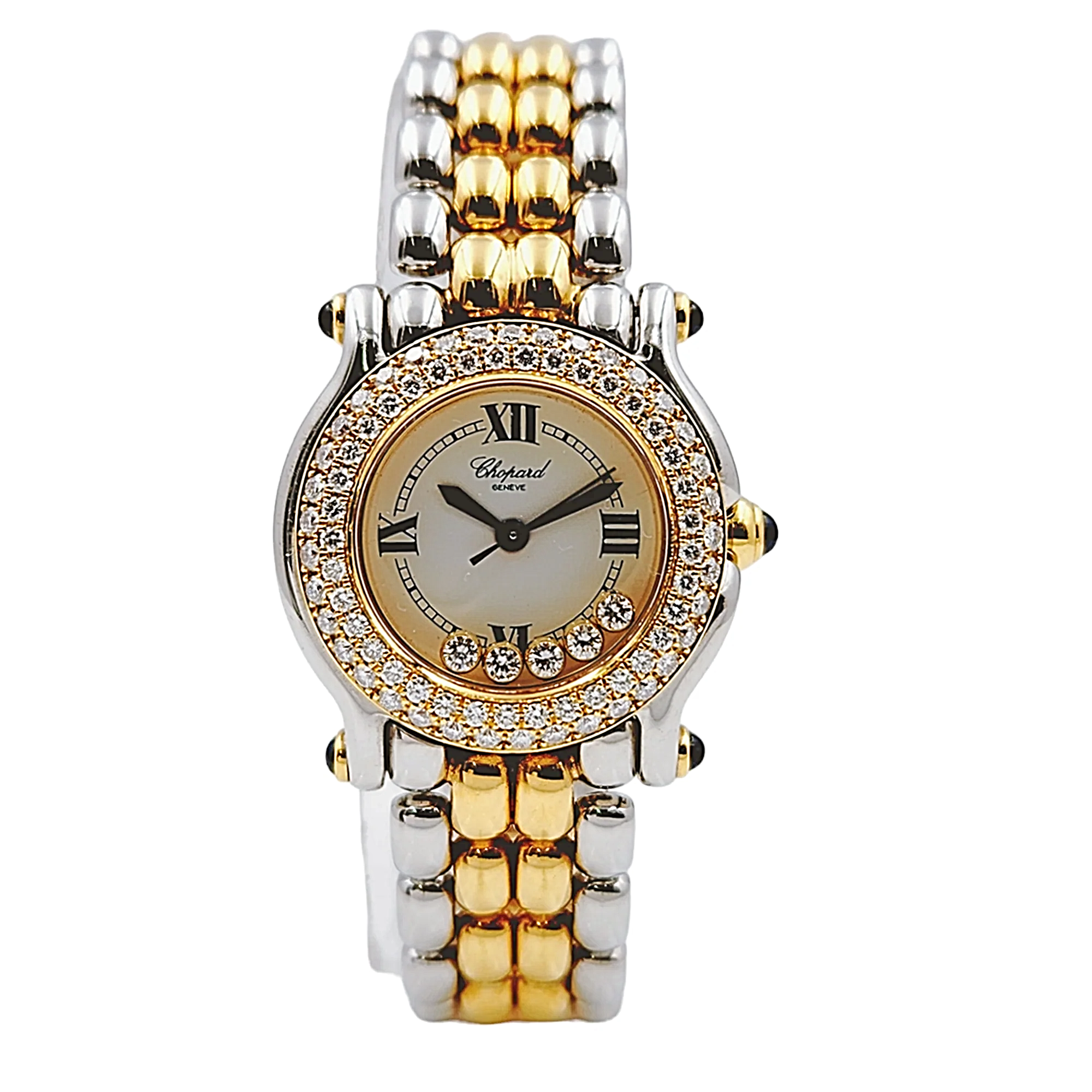Ladies Chopard 26mm Happy Sport Five Diamond 18K Yellow Gold / Stainless Steel Watch with White Dial and Diamond Bezel. (Pre-Owned 27/8251-23)