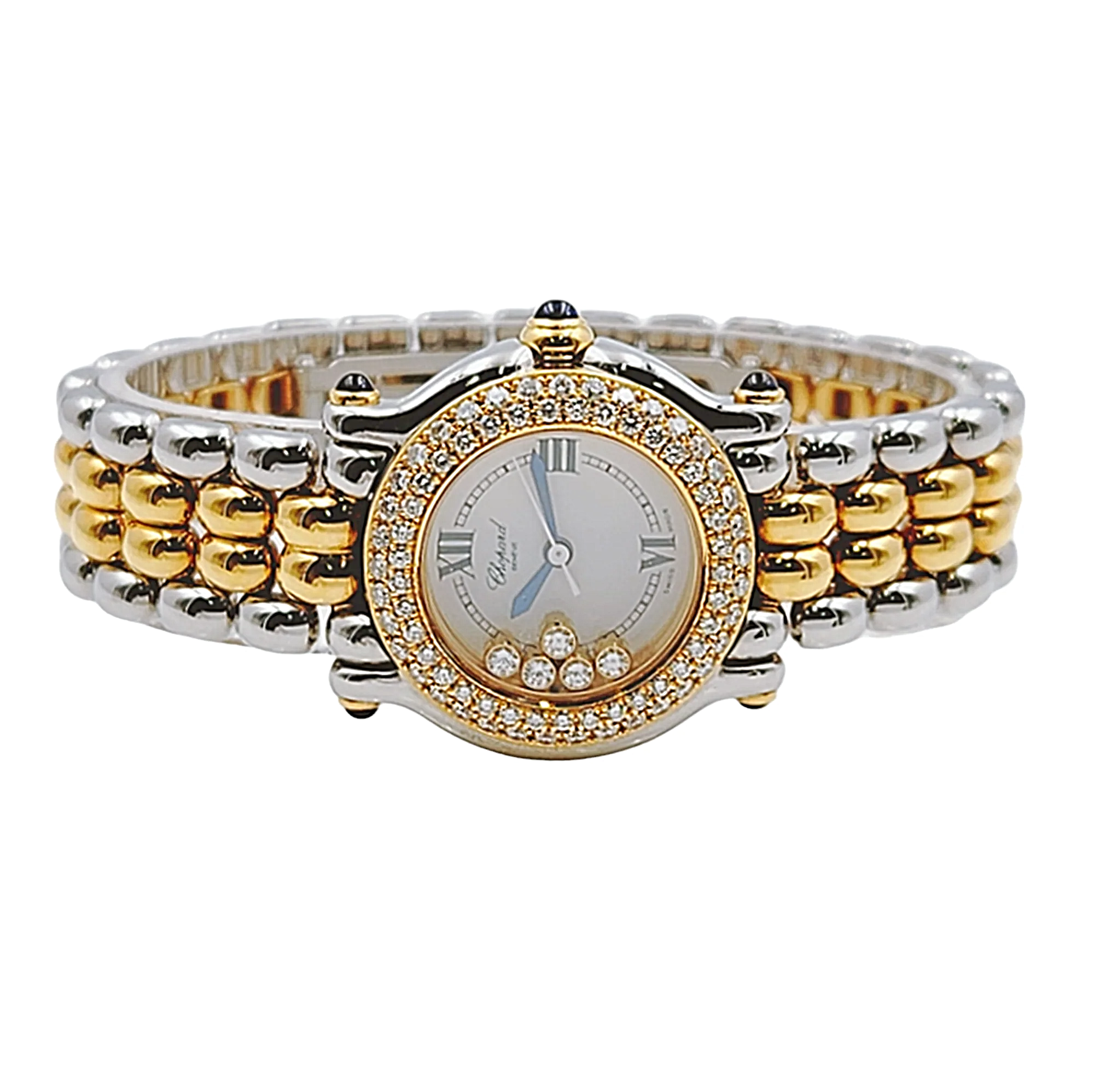 Ladies Chopard 26mm Happy Sport Five Diamond 18K Yellow Gold / Stainless Steel Watch with White Dial and Diamond Bezel. (Pre-Owned 27/8251-23)