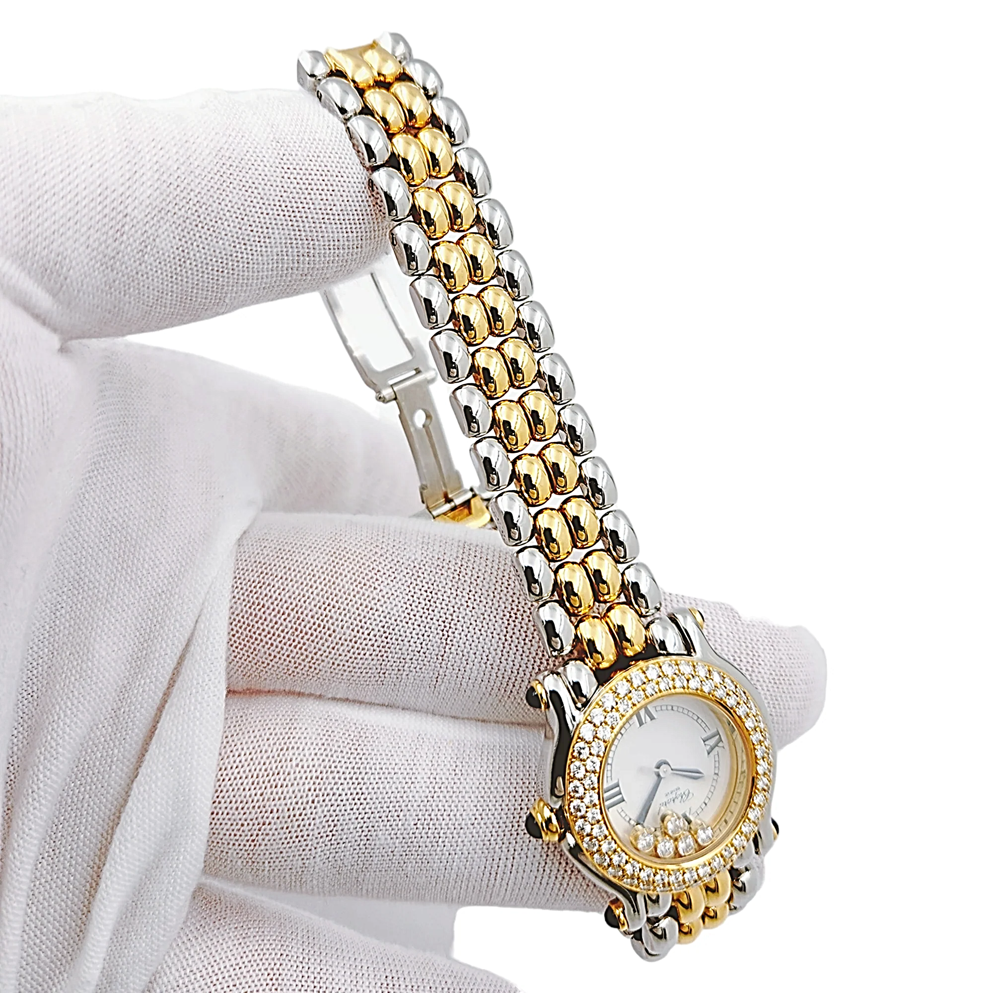 Ladies Chopard 26mm Happy Sport Five Diamond 18K Yellow Gold / Stainless Steel Watch with White Dial and Diamond Bezel. (Pre-Owned 27/8251-23)