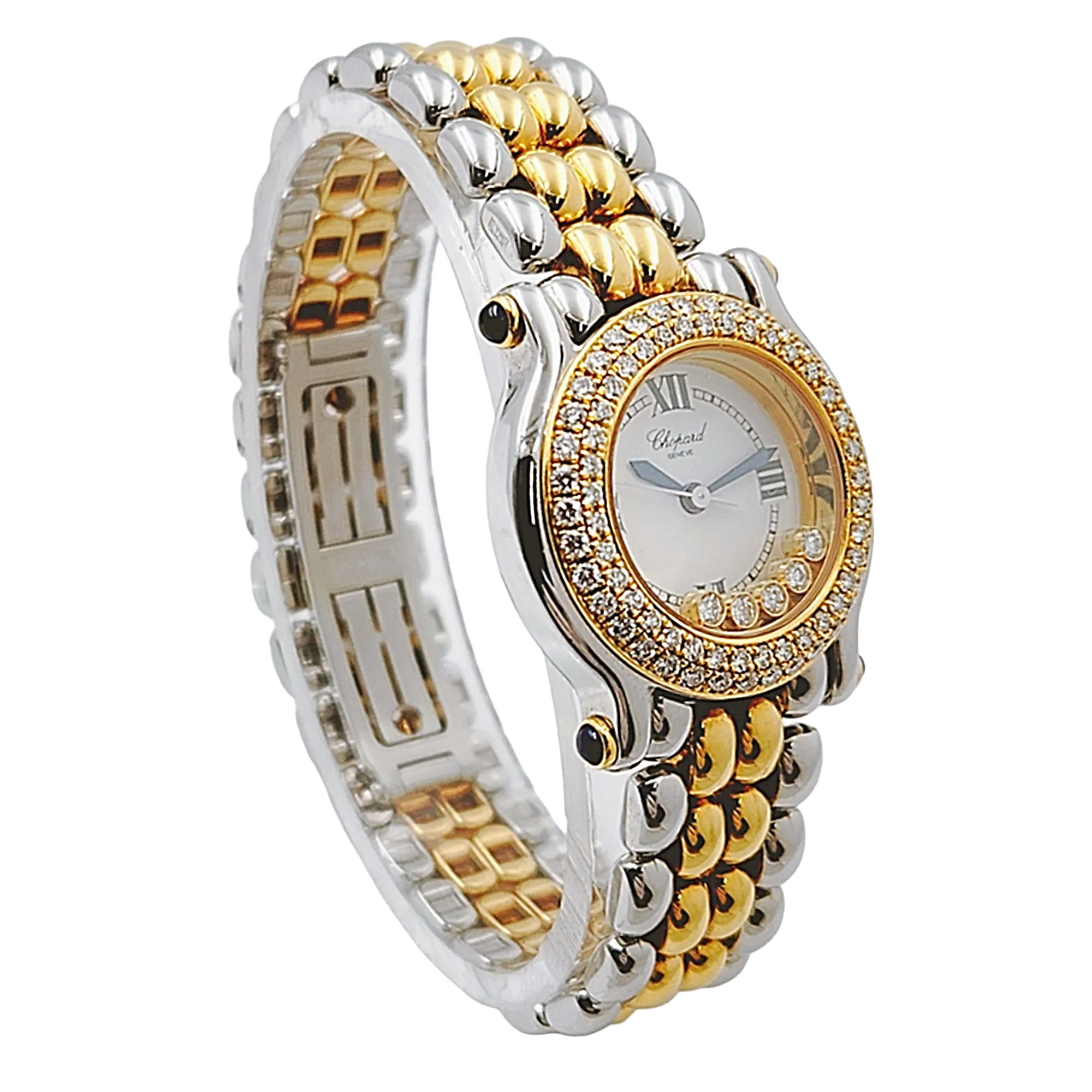 Ladies Chopard 26mm Happy Sport Five Diamond 18K Yellow Gold / Stainless Steel Watch with White Dial and Diamond Bezel. (Pre-Owned 27/8251-23)