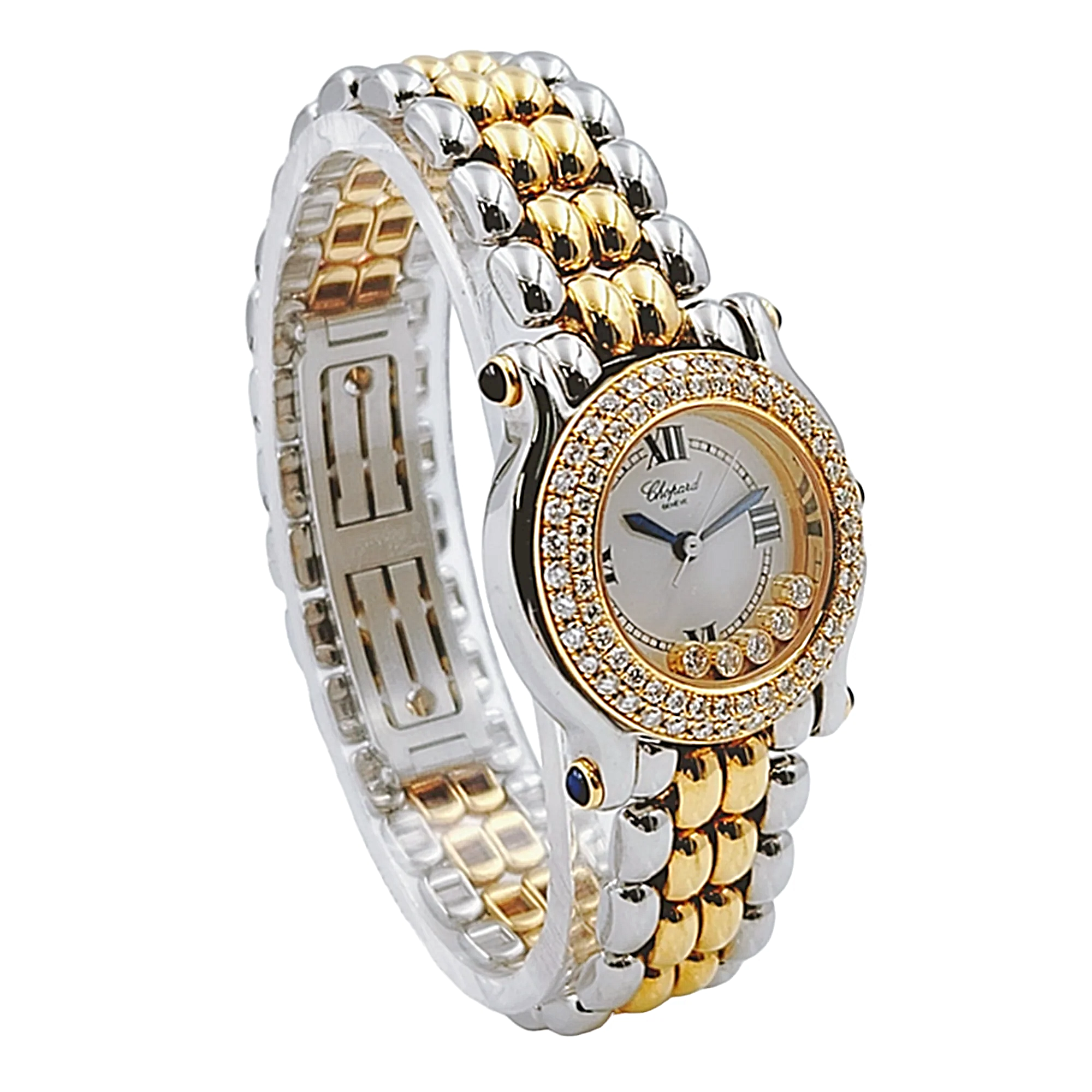 Ladies Chopard 26mm Happy Sport Five Diamond 18K Yellow Gold / Stainless Steel Watch with White Dial and Diamond Bezel. (Pre-Owned 27/8251-23)