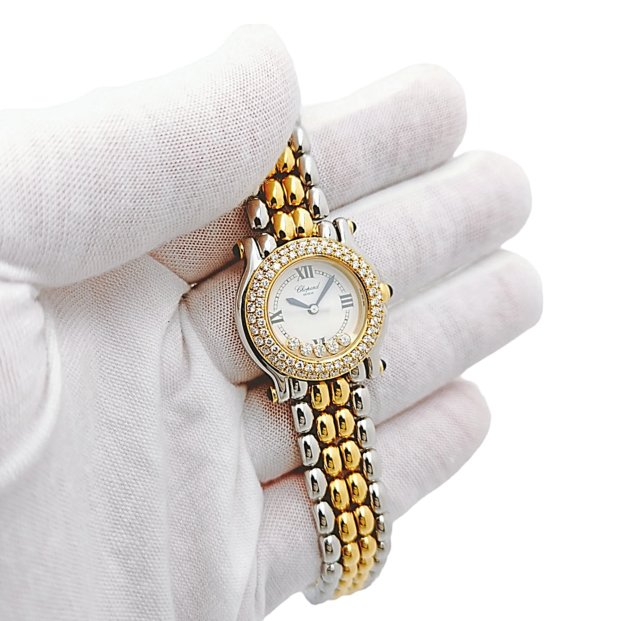 Ladies Chopard 26mm Happy Sport Five Diamond 18K Yellow Gold / Stainless Steel Watch with White Dial and Diamond Bezel. (Pre-Owned 27/8251-23)