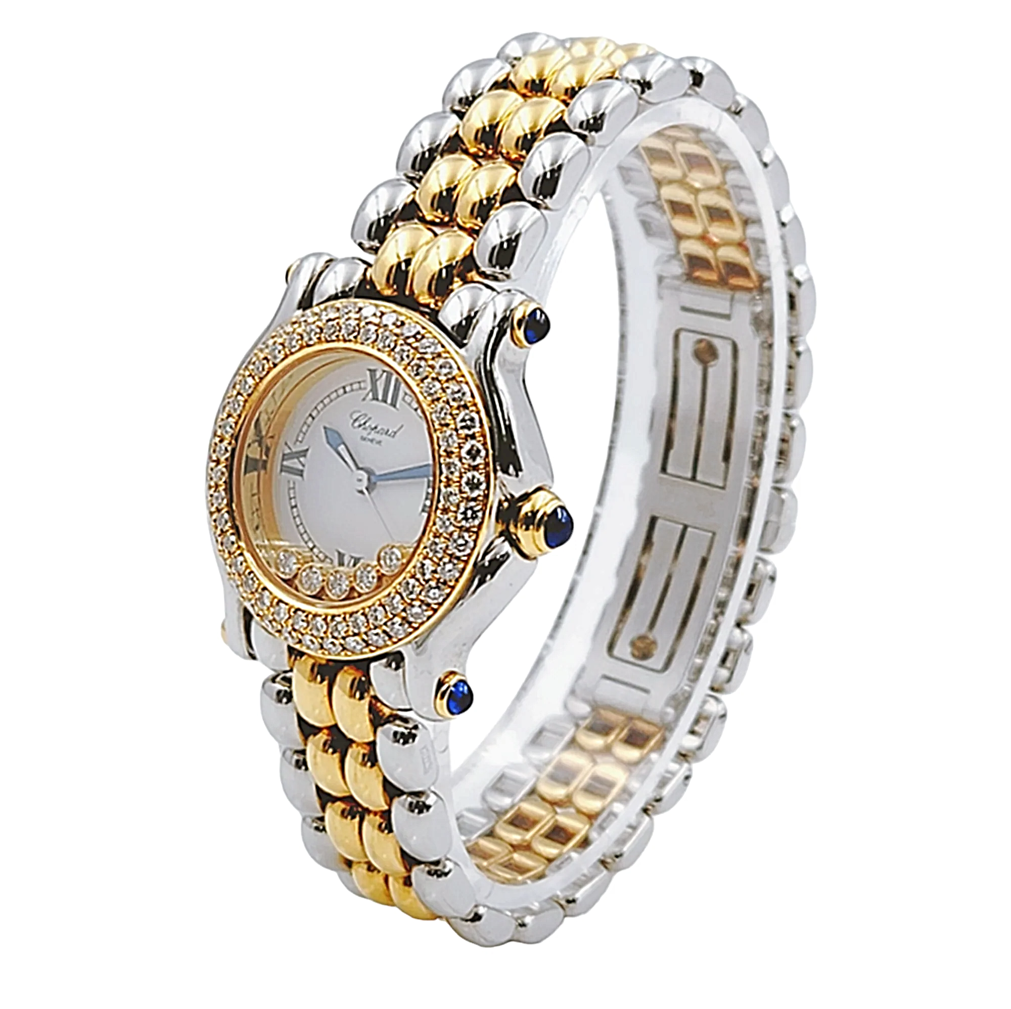 Ladies Chopard 26mm Happy Sport Five Diamond 18K Yellow Gold / Stainless Steel Watch with White Dial and Diamond Bezel. (Pre-Owned 27/8251-23)