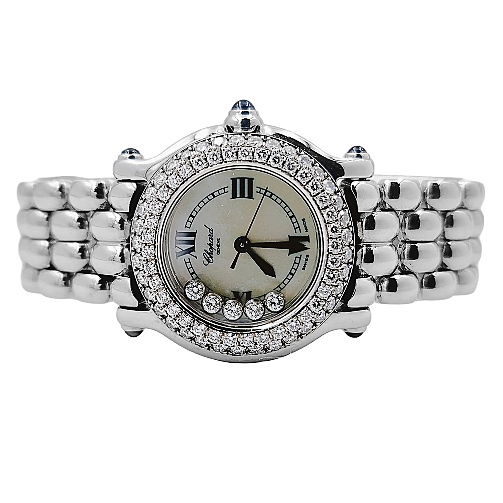 Ladies Chopard 26mm Happy Sport Five Diamond Stainless Steel Watch with Mother of Pearl Dial and Diamond Bezel. (Pre-Owned 27/8250-23)