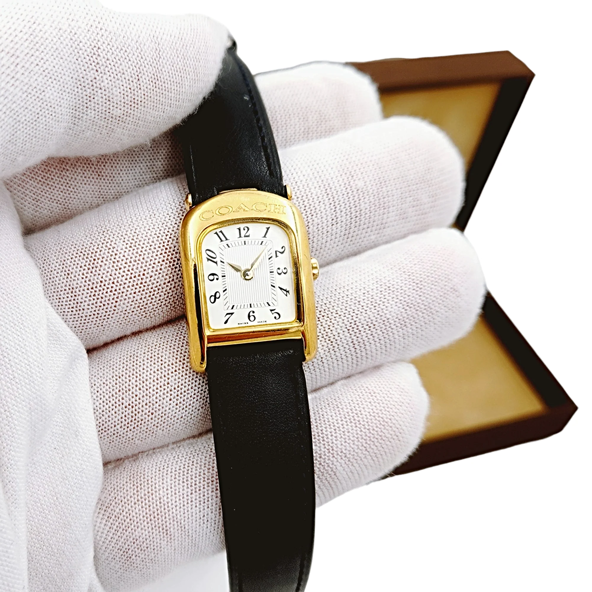 Ladies Coach 19mm Gold Plated Watch with Genuine Black Leather Band and White Dial. (NEW W301)