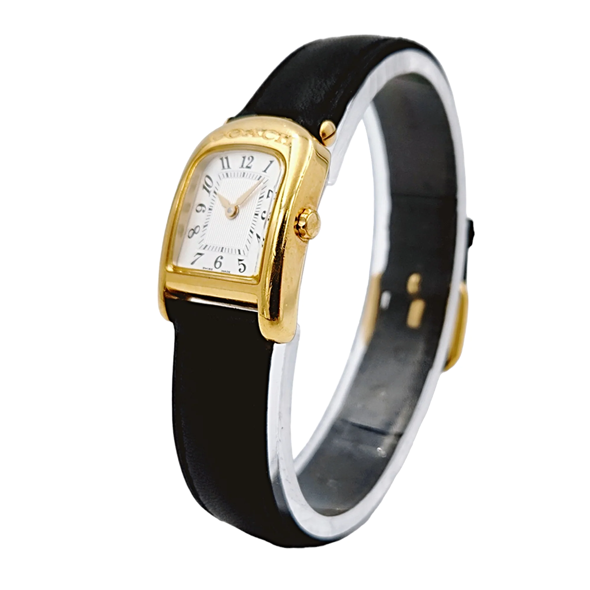 Ladies Coach 19mm Gold Plated Watch with Genuine Black Leather Band and White Dial. (NEW W301)