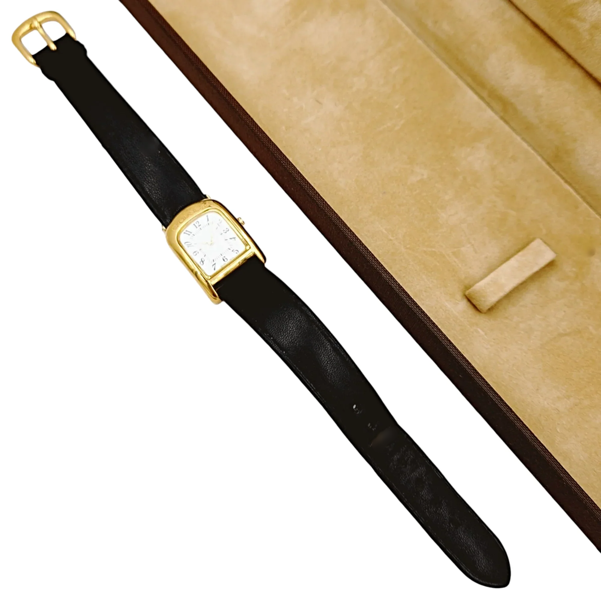 Ladies Coach 19mm Gold Plated Watch with Genuine Black Leather Band and White Dial. (NEW W301)