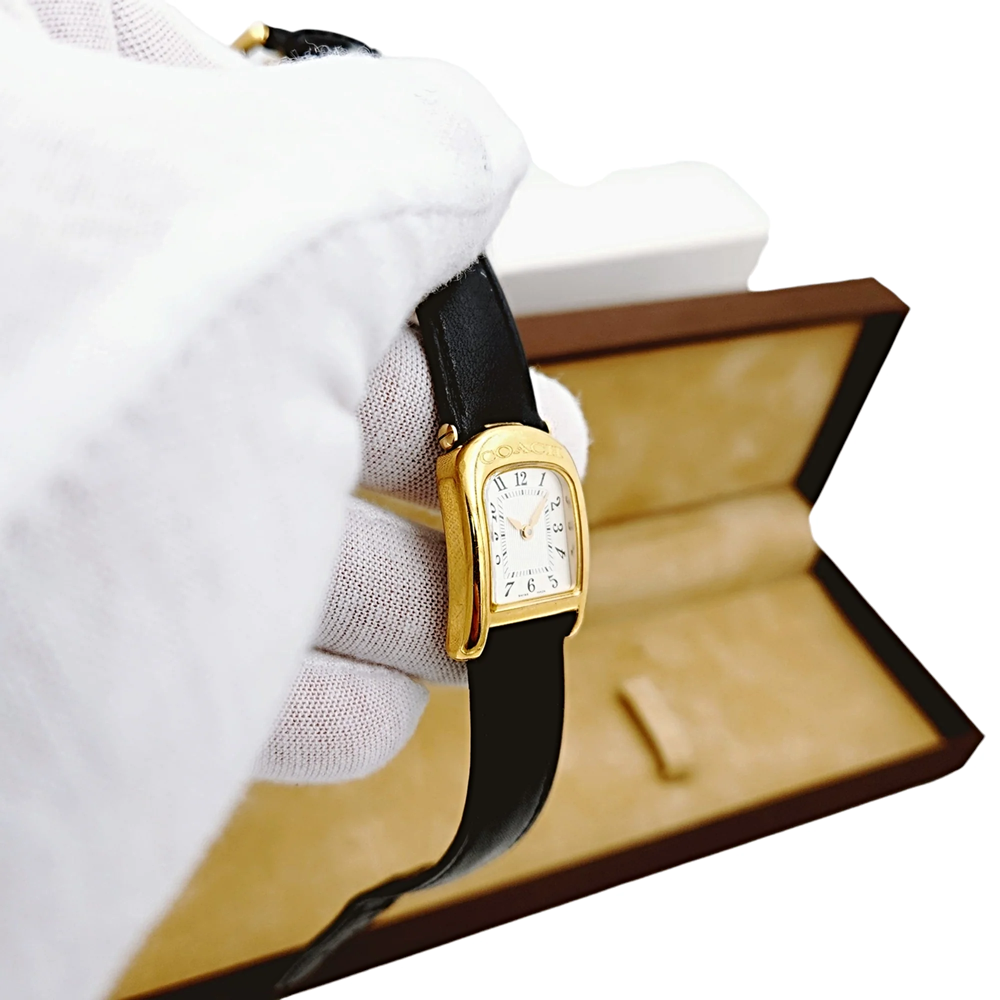 Ladies Coach 19mm Gold Plated Watch with Genuine Black Leather Band and White Dial. (NEW W301)