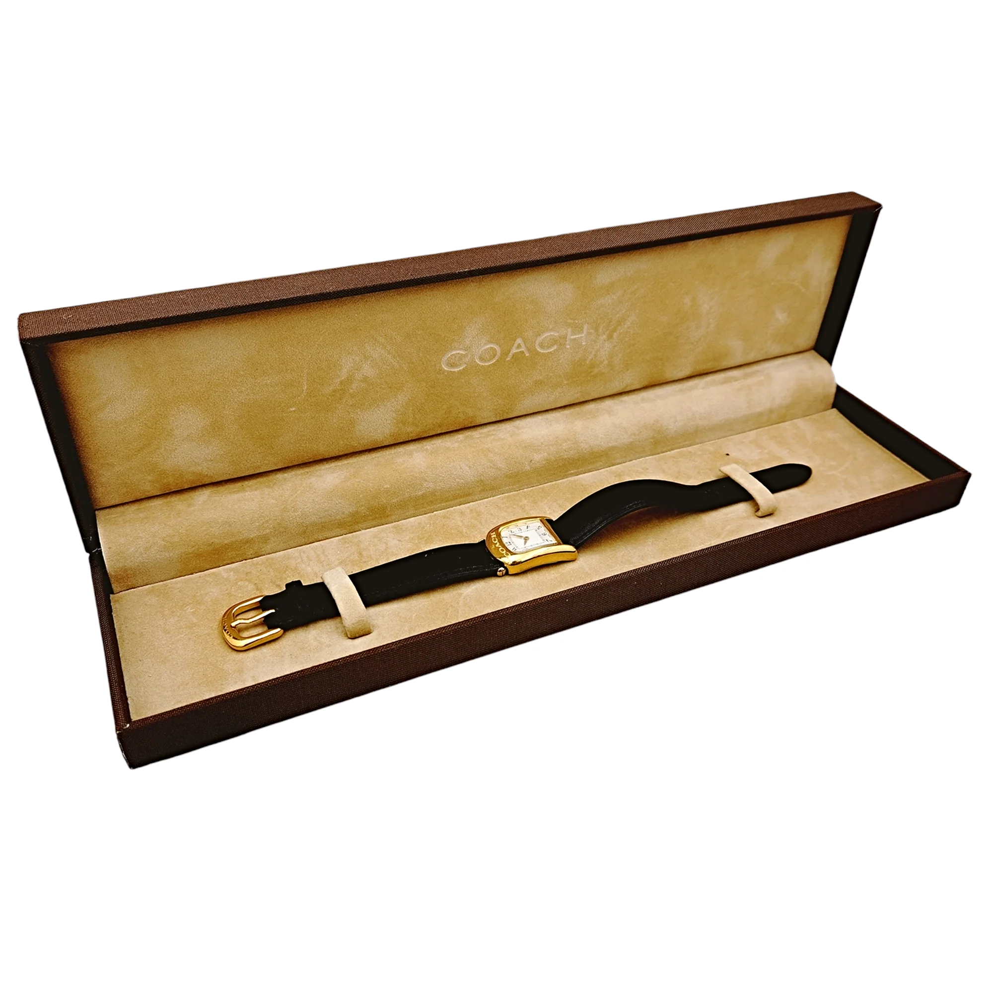 Ladies Coach 19mm Gold Plated Watch with Genuine Black Leather Band and White Dial. (NEW W301)