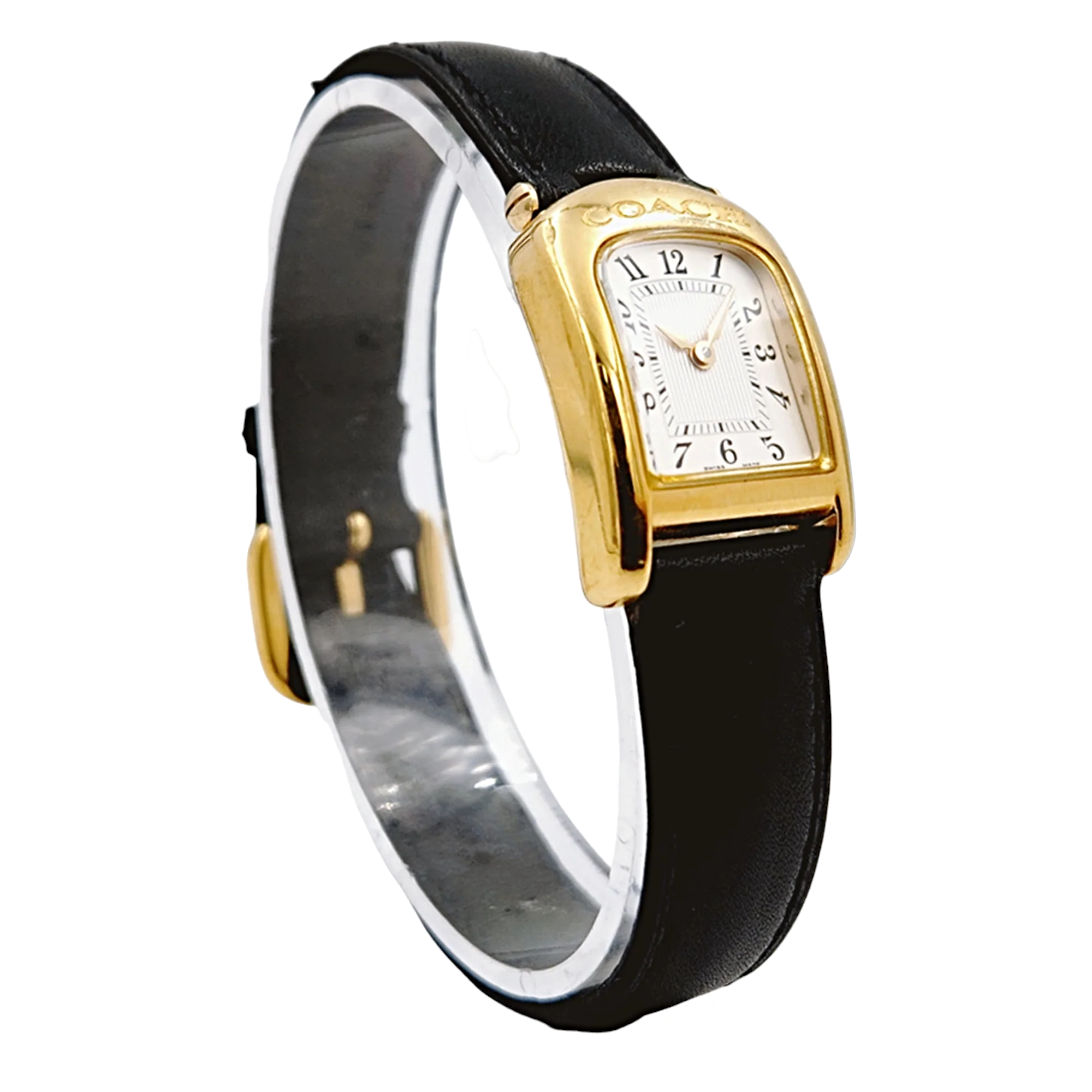 Ladies Coach 19mm Gold Plated Watch with Genuine Black Leather Band and White Dial. (NEW W301)