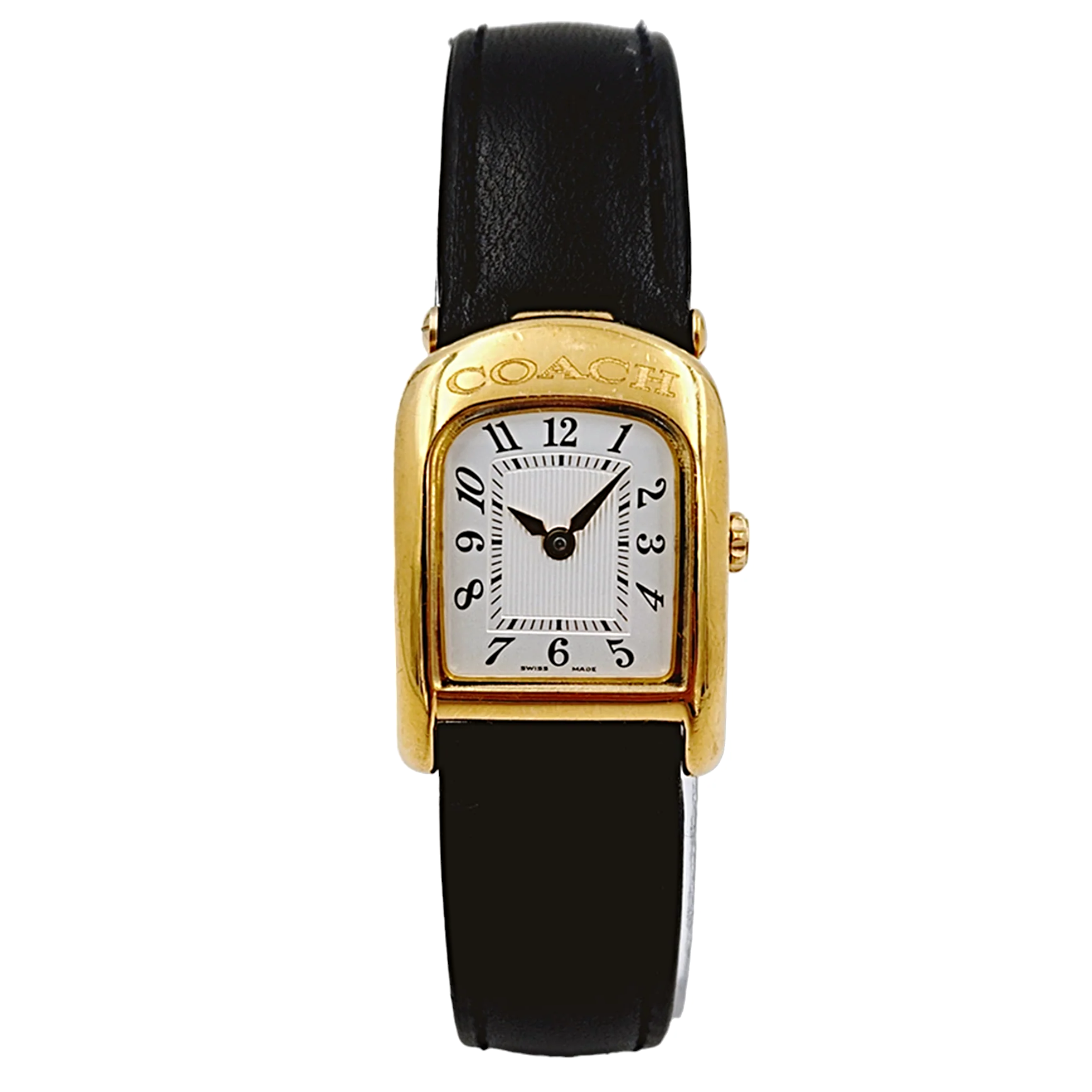 Ladies Coach 19mm Gold Plated Watch with Genuine Black Leather Band and White Dial. (NEW W301)