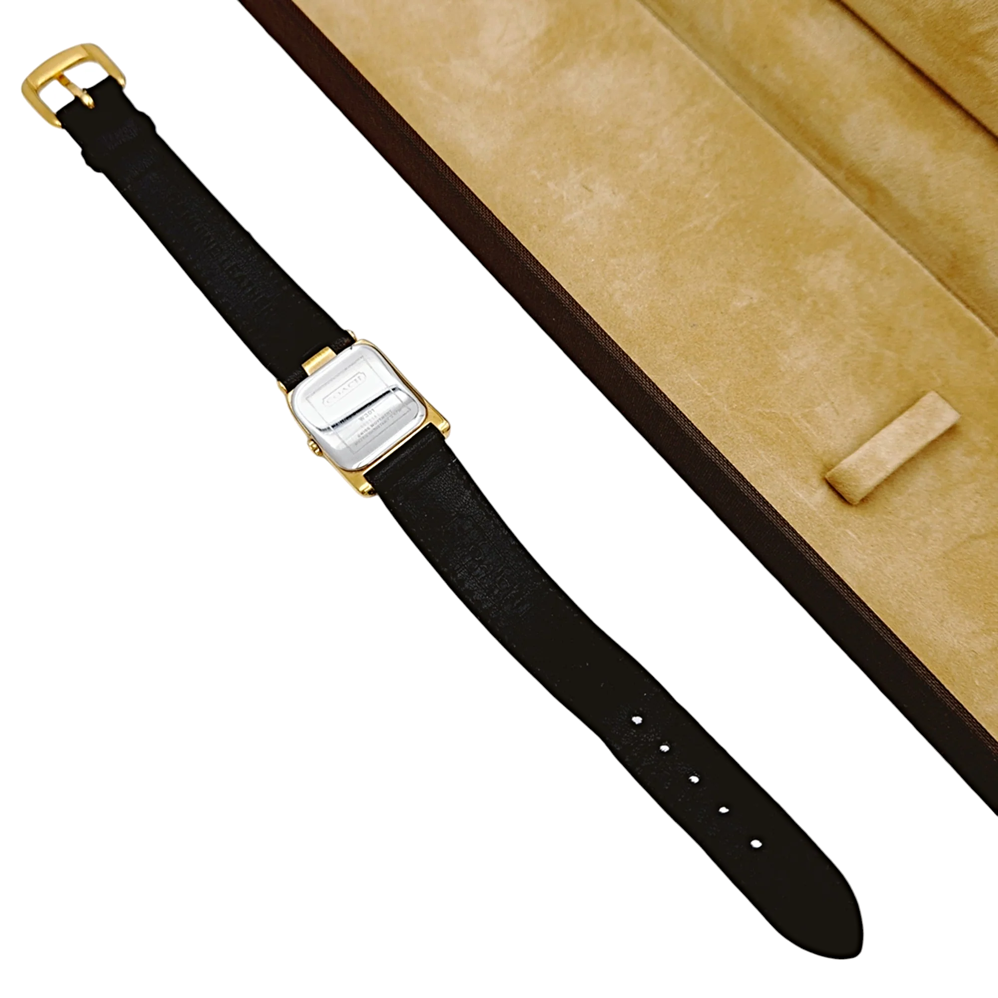 Ladies Coach 19mm Gold Plated Watch with Genuine Black Leather Band and White Dial. (NEW W301)