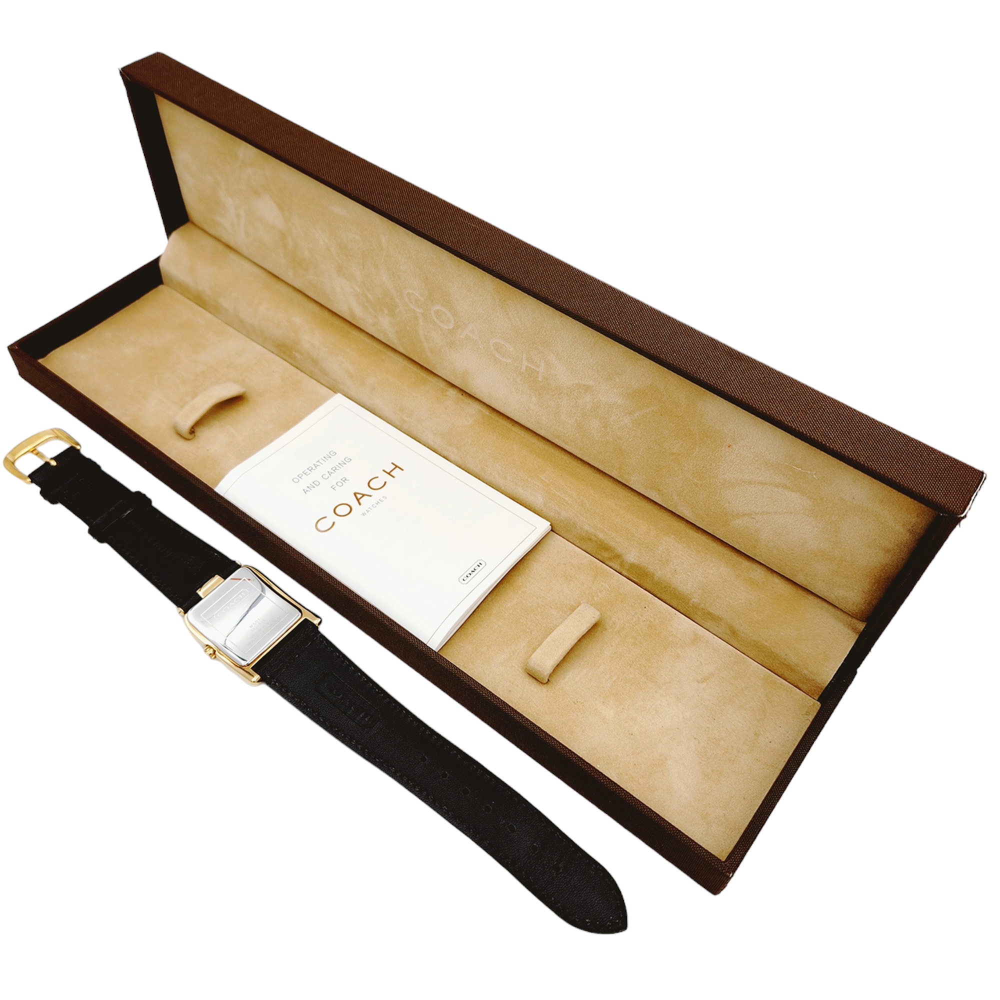Ladies Coach 26mm Gold Plated Watch with Genuine Black Leather Band and White Dial. (NEW W501)