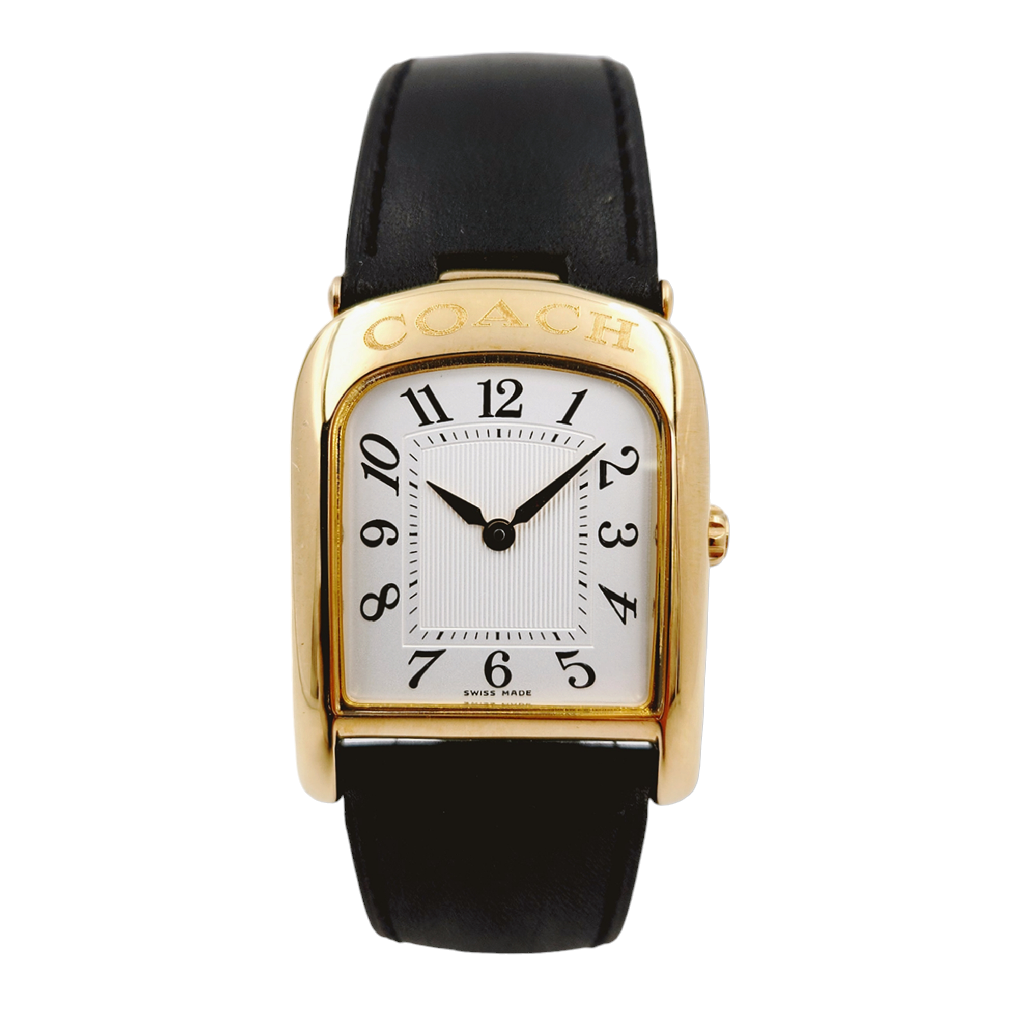 Ladies Coach 26mm Gold Plated Watch with Genuine Black Leather Band and White Dial. (NEW W501)