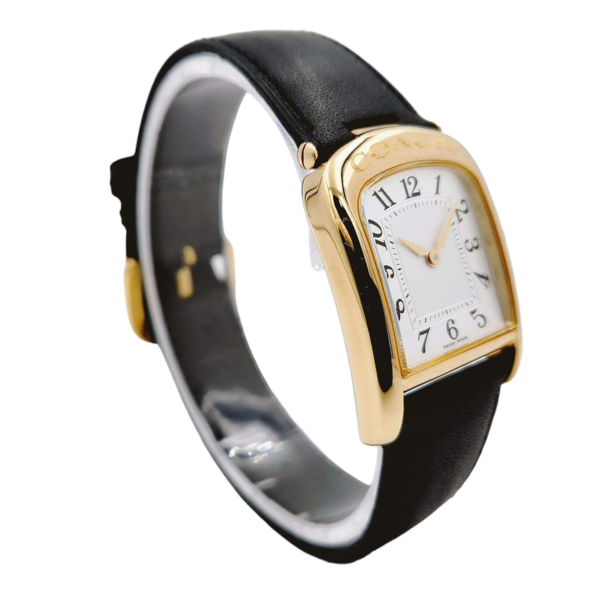 Ladies Coach 26mm Gold Plated Watch with Genuine Black Leather Band and White Dial. (NEW W501)