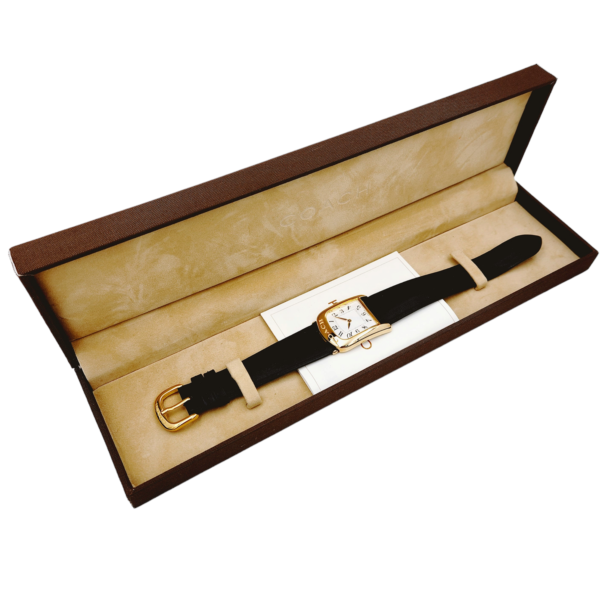 Ladies Coach 26mm Gold Plated Watch with Genuine Black Leather Band and White Dial. (NEW W501)