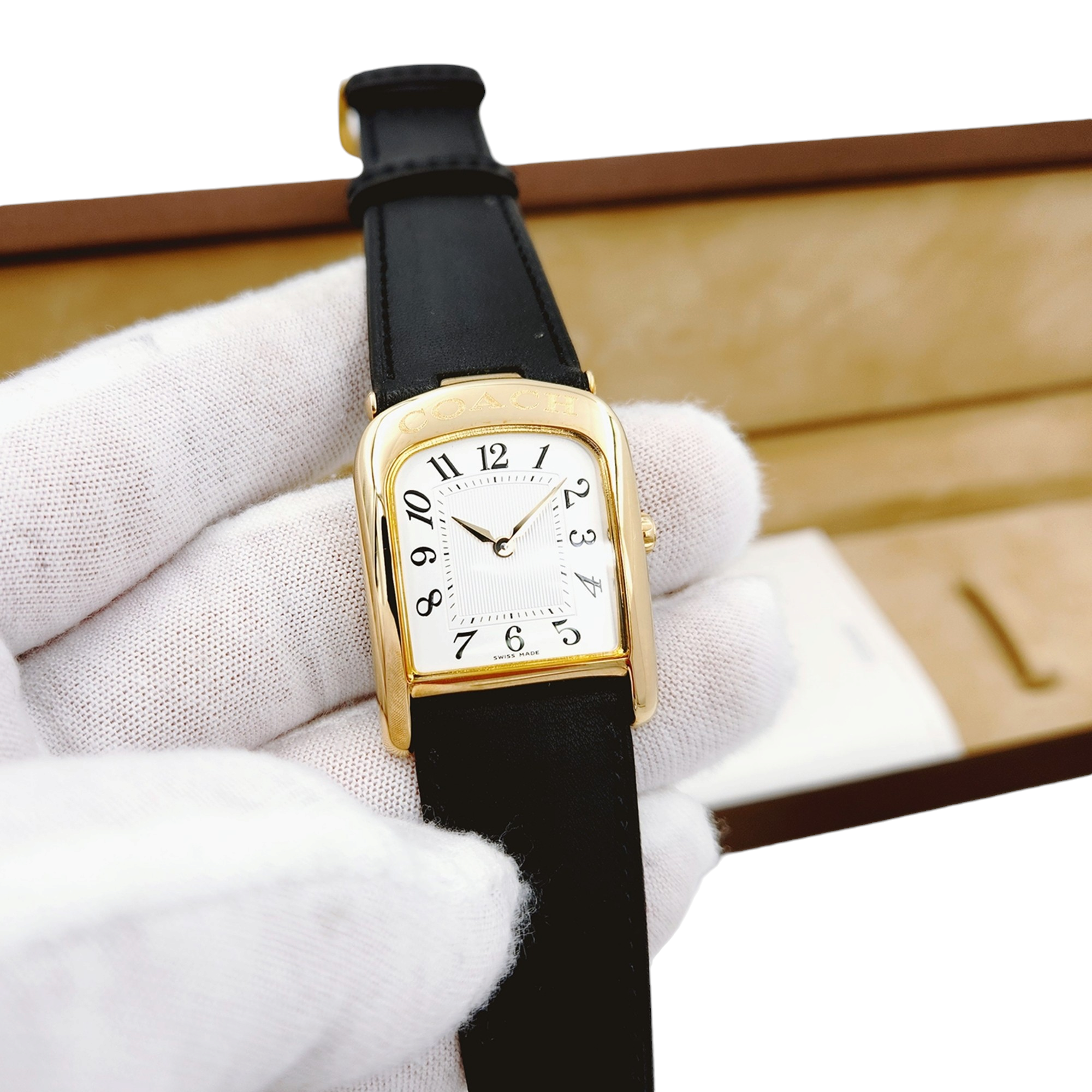 Ladies Coach 26mm Gold Plated Watch with Genuine Black Leather Band and White Dial. (NEW W501)