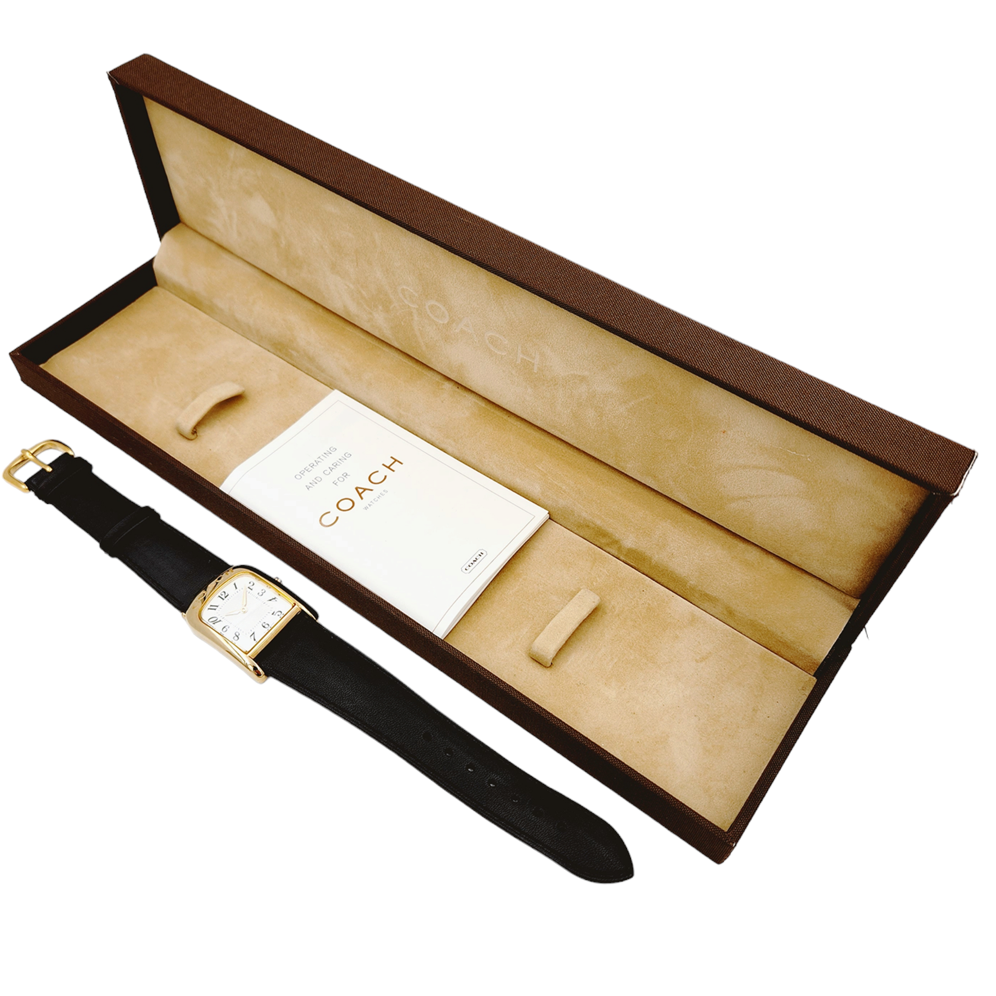 Ladies Coach 26mm Gold Plated Watch with Genuine Black Leather Band and White Dial. (NEW W501)