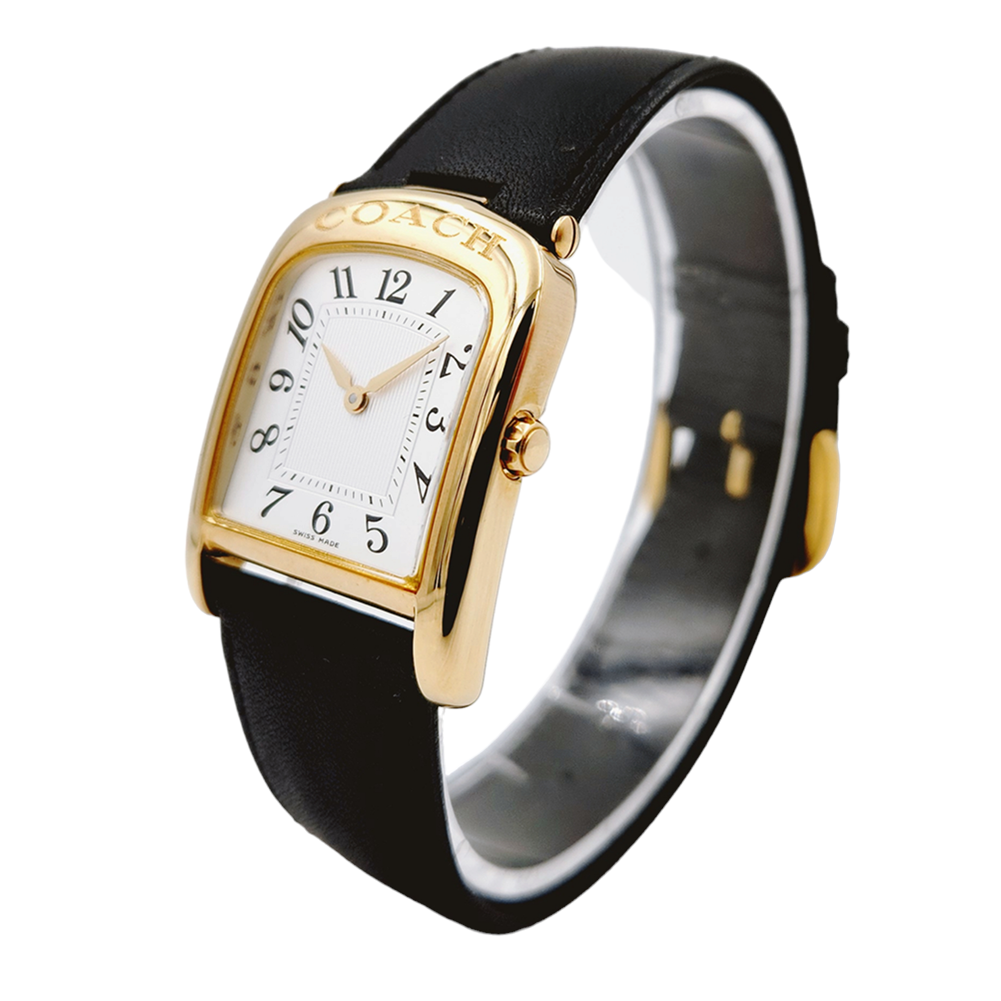 Ladies Coach 26mm Gold Plated Watch with Genuine Black Leather Band and White Dial. (NEW W501)